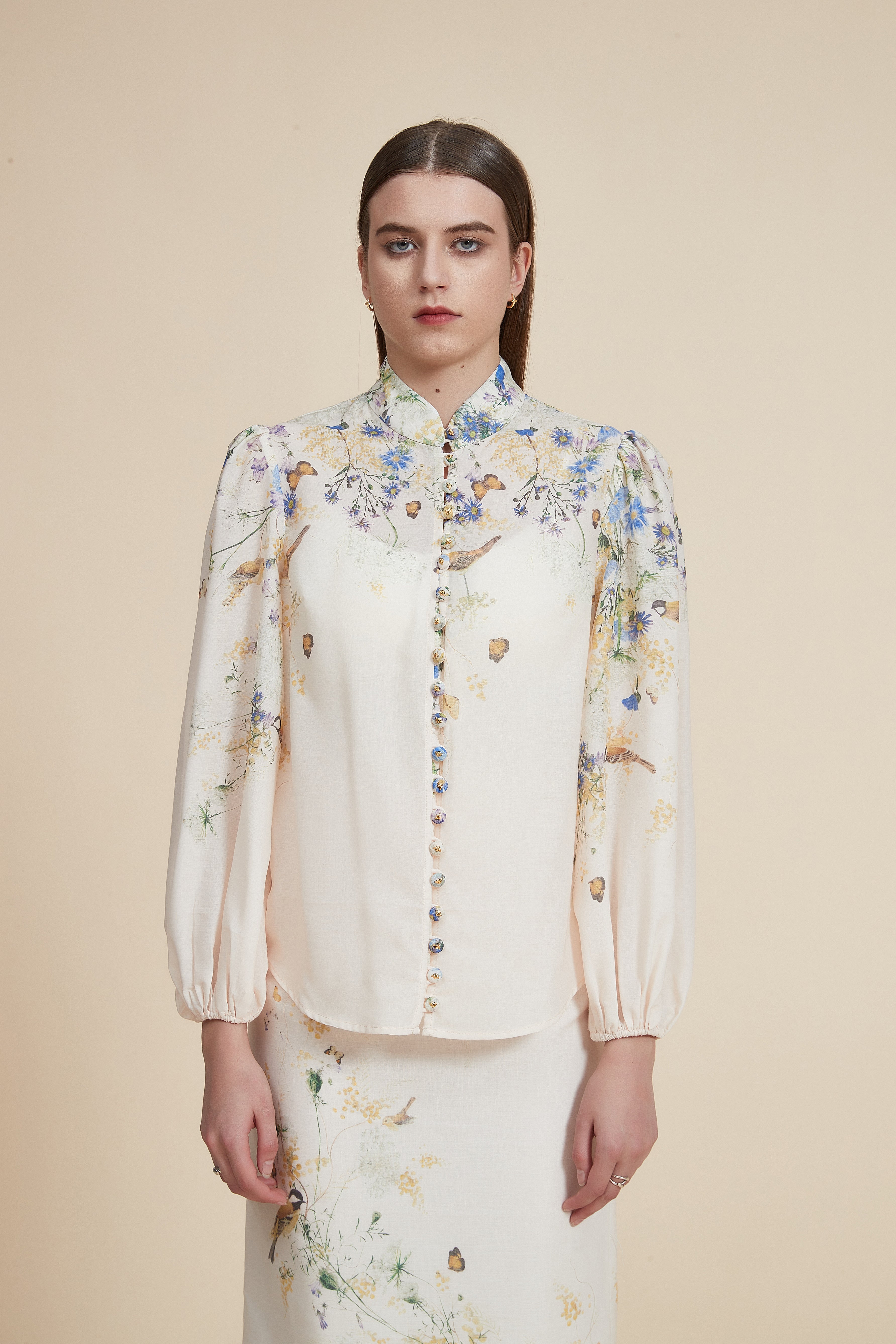 Printed Long Sleeve Blouse with Shirt Collar