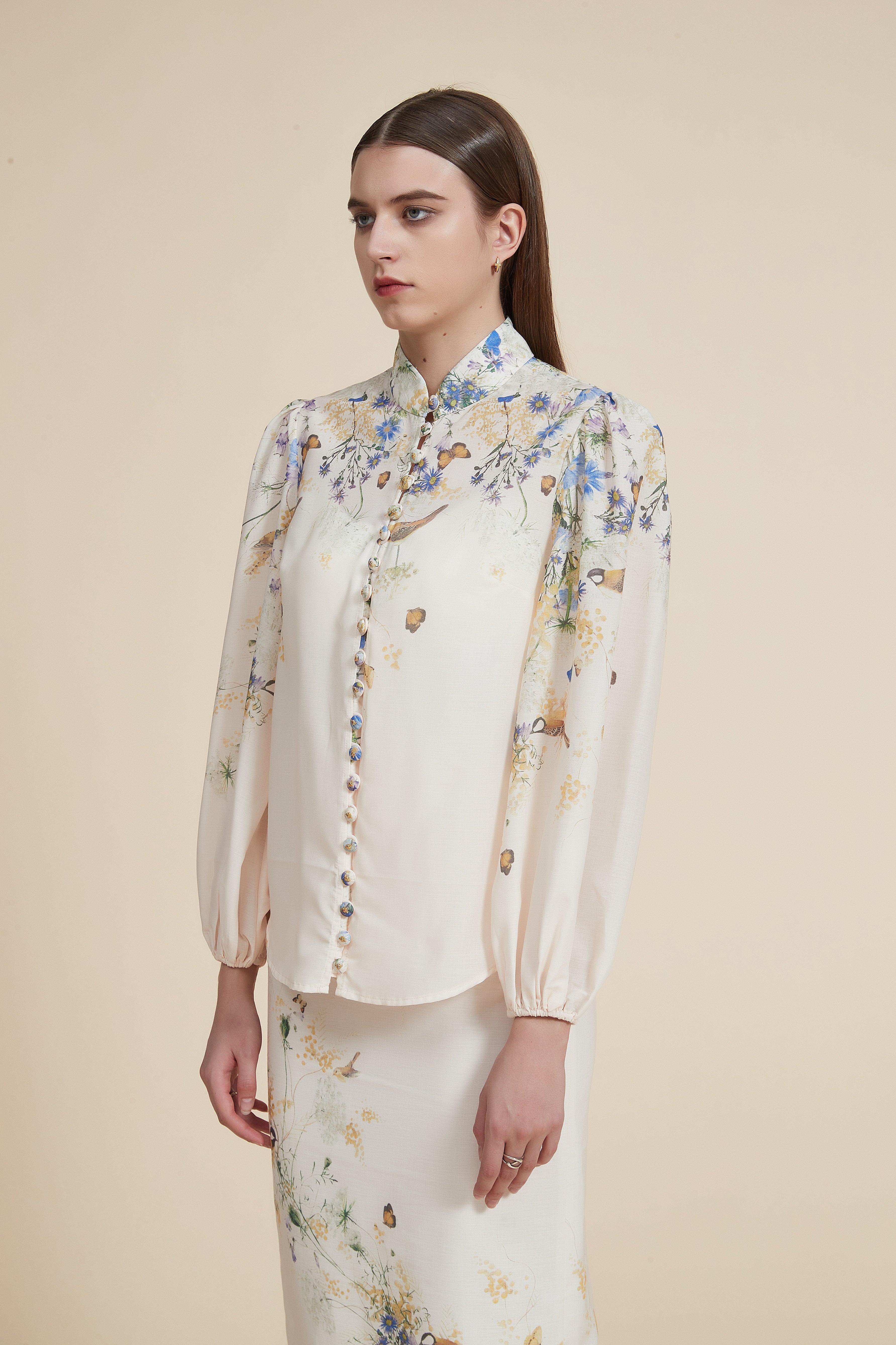 Printed Long Sleeve Blouse with Shirt Collar