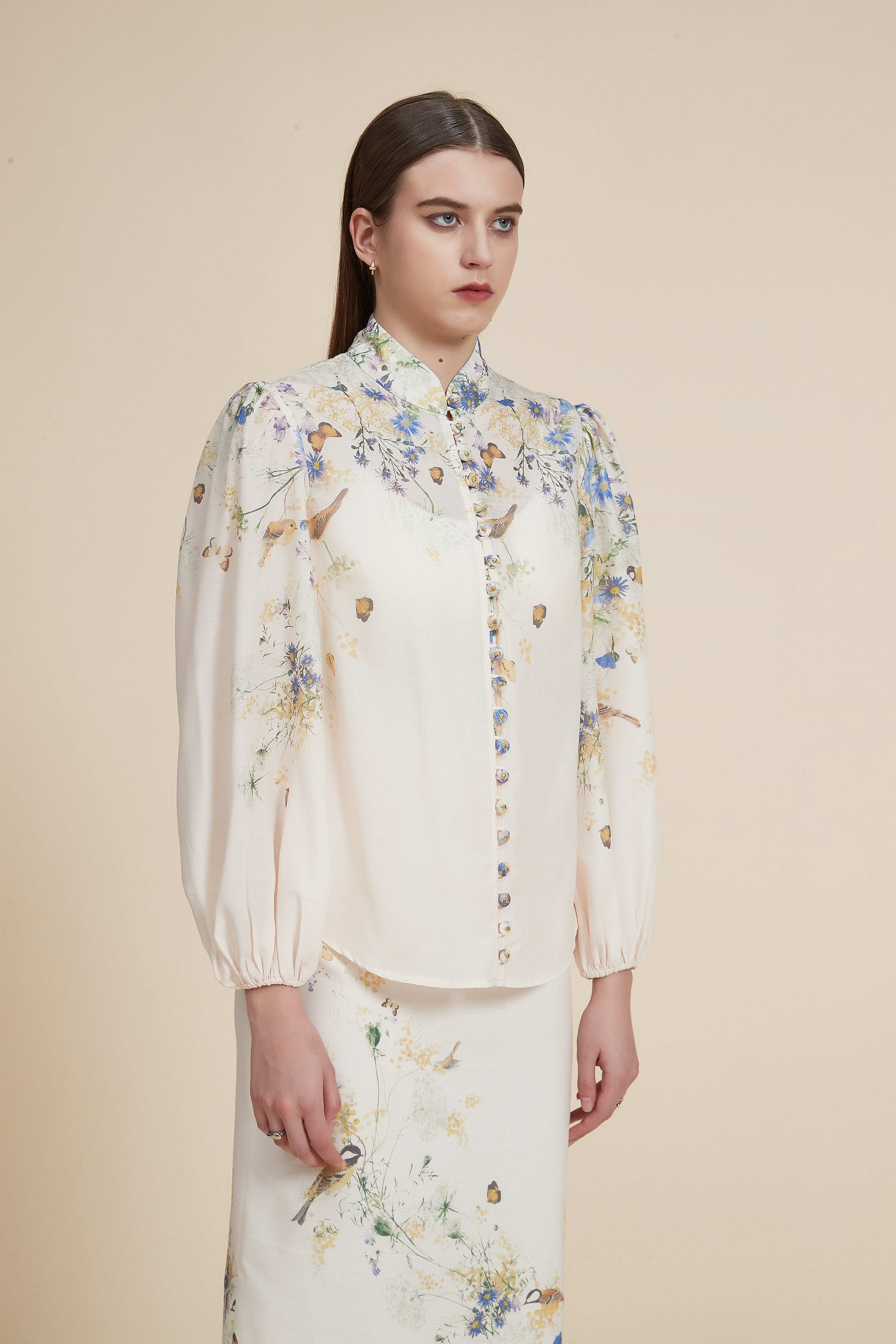 Printed Long Sleeve Blouse with Shirt Collar