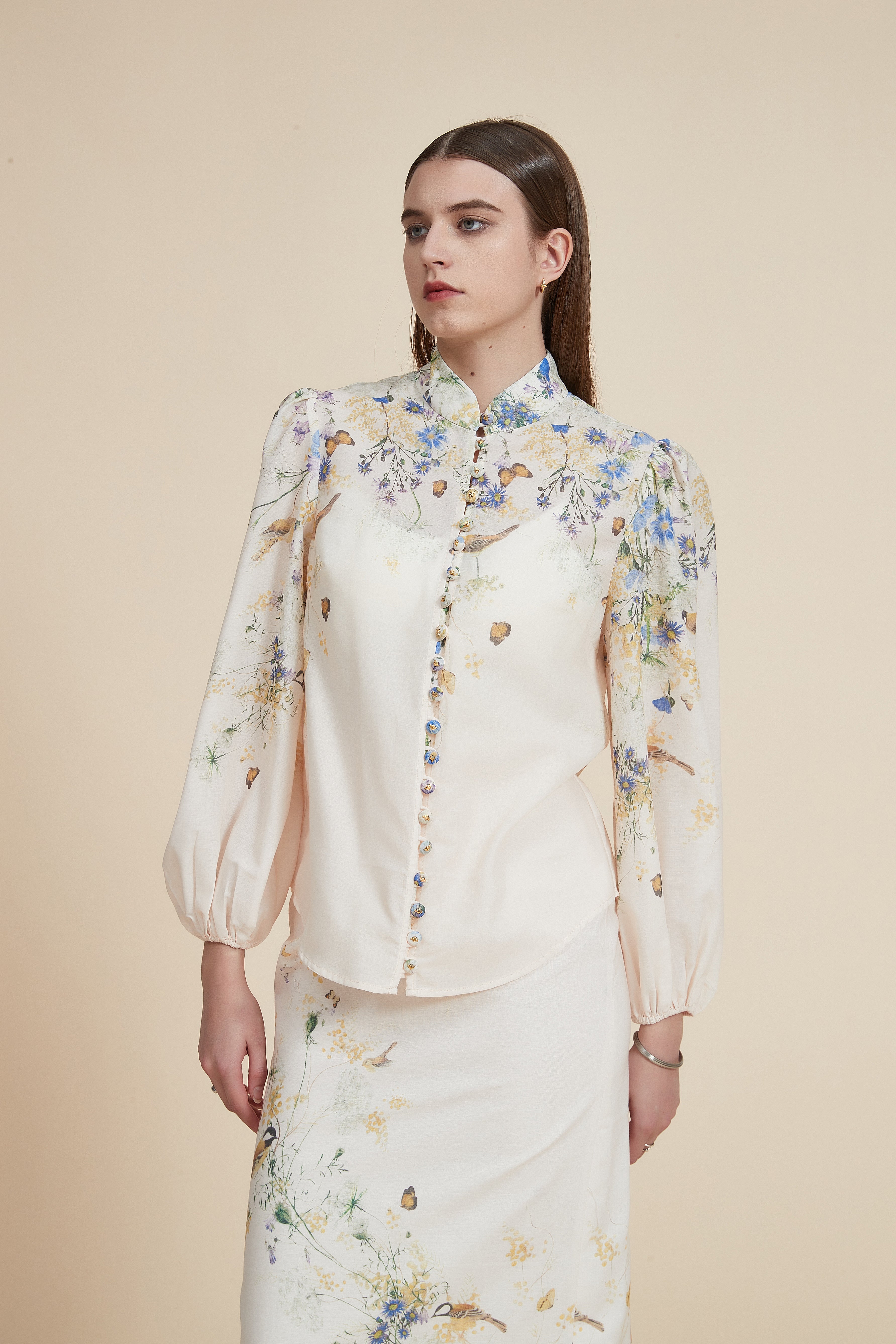 Printed Long Sleeve Blouse with Shirt Collar