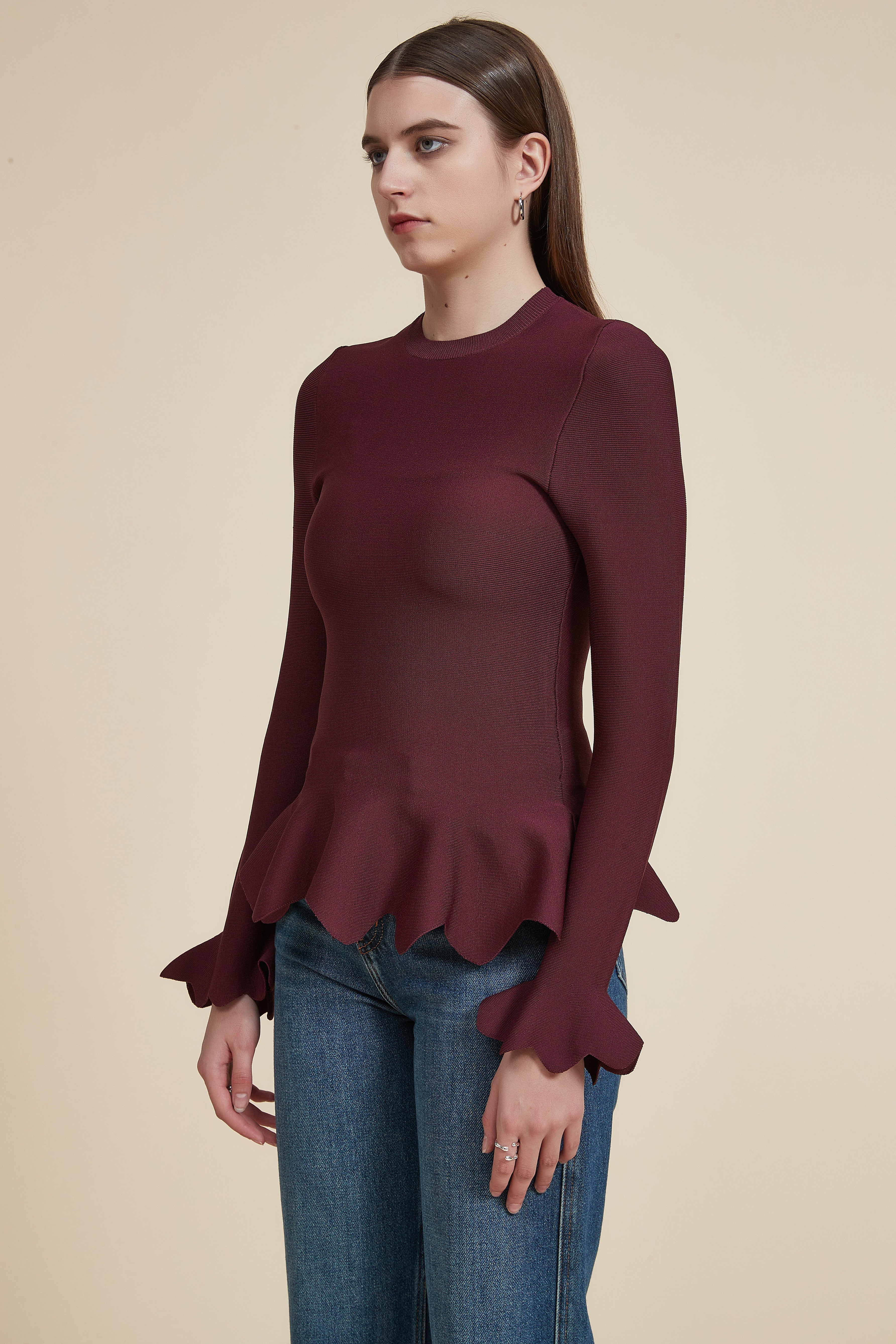 Long Ruffled Hem Blouse with Long Sleeves and Round Neck