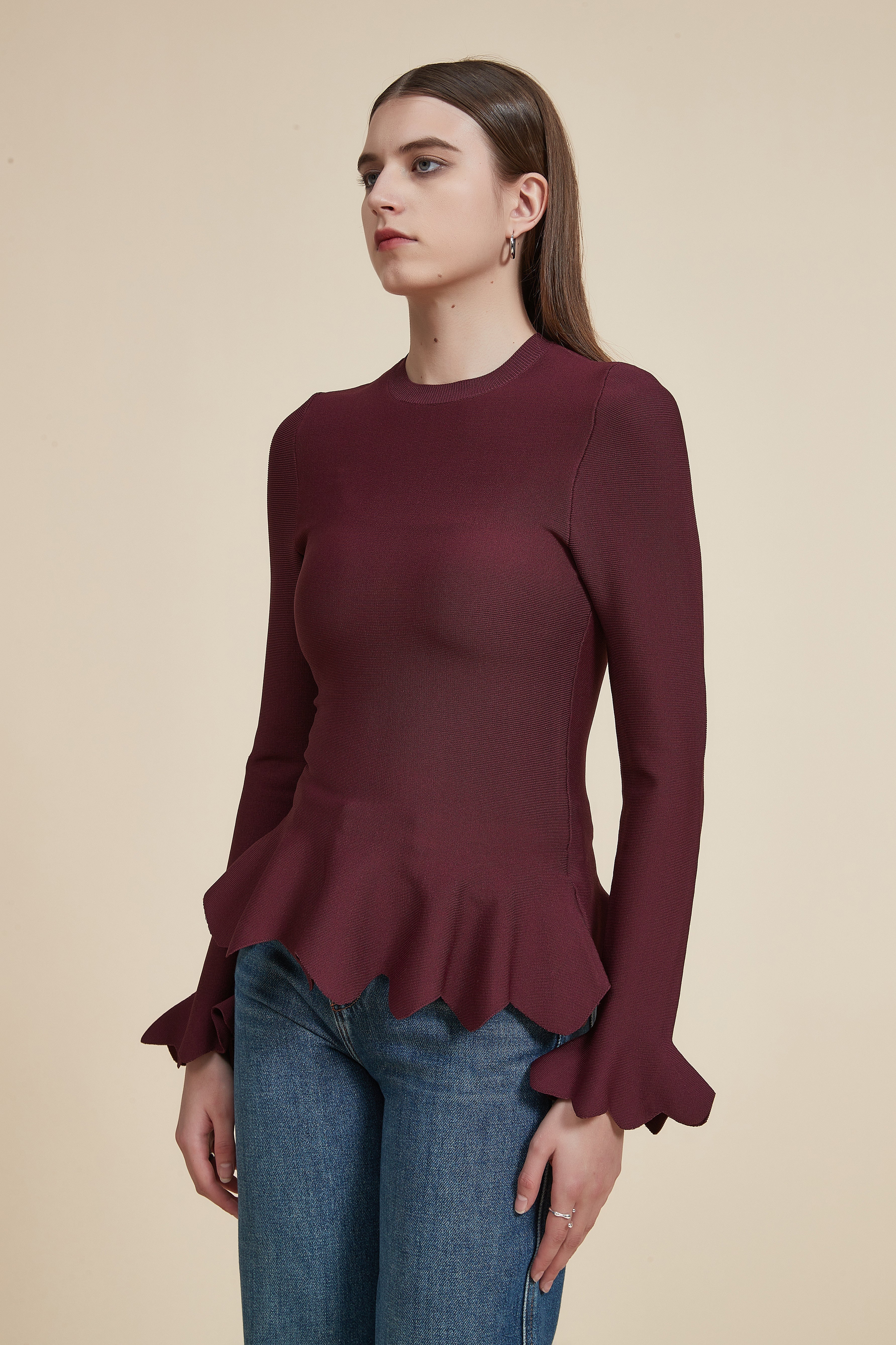 Long Ruffled Hem Blouse with Long Sleeves and Round Neck