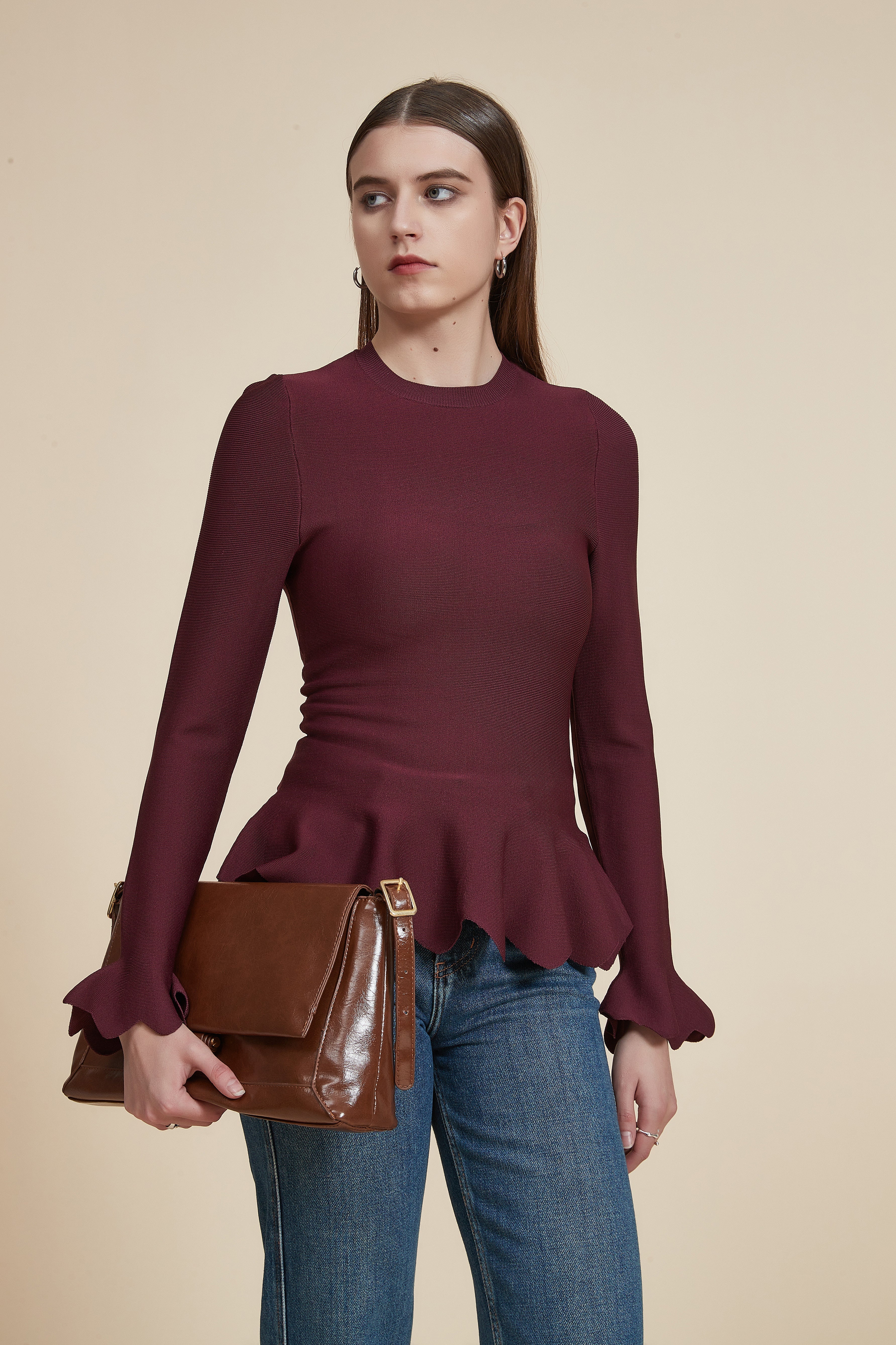 Long Ruffled Hem Blouse with Long Sleeves and Round Neck