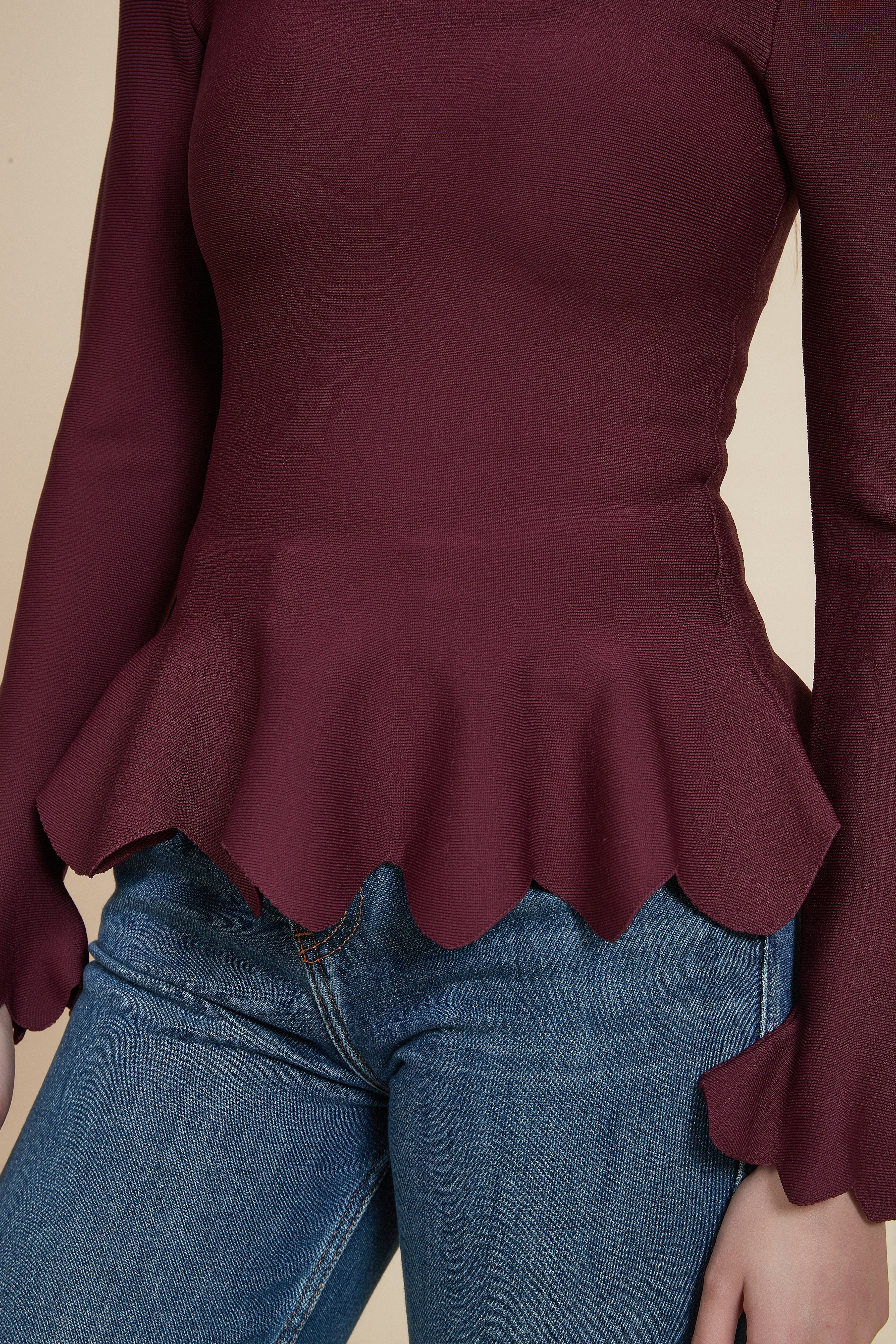 Long Ruffled Hem Blouse with Long Sleeves and Round Neck