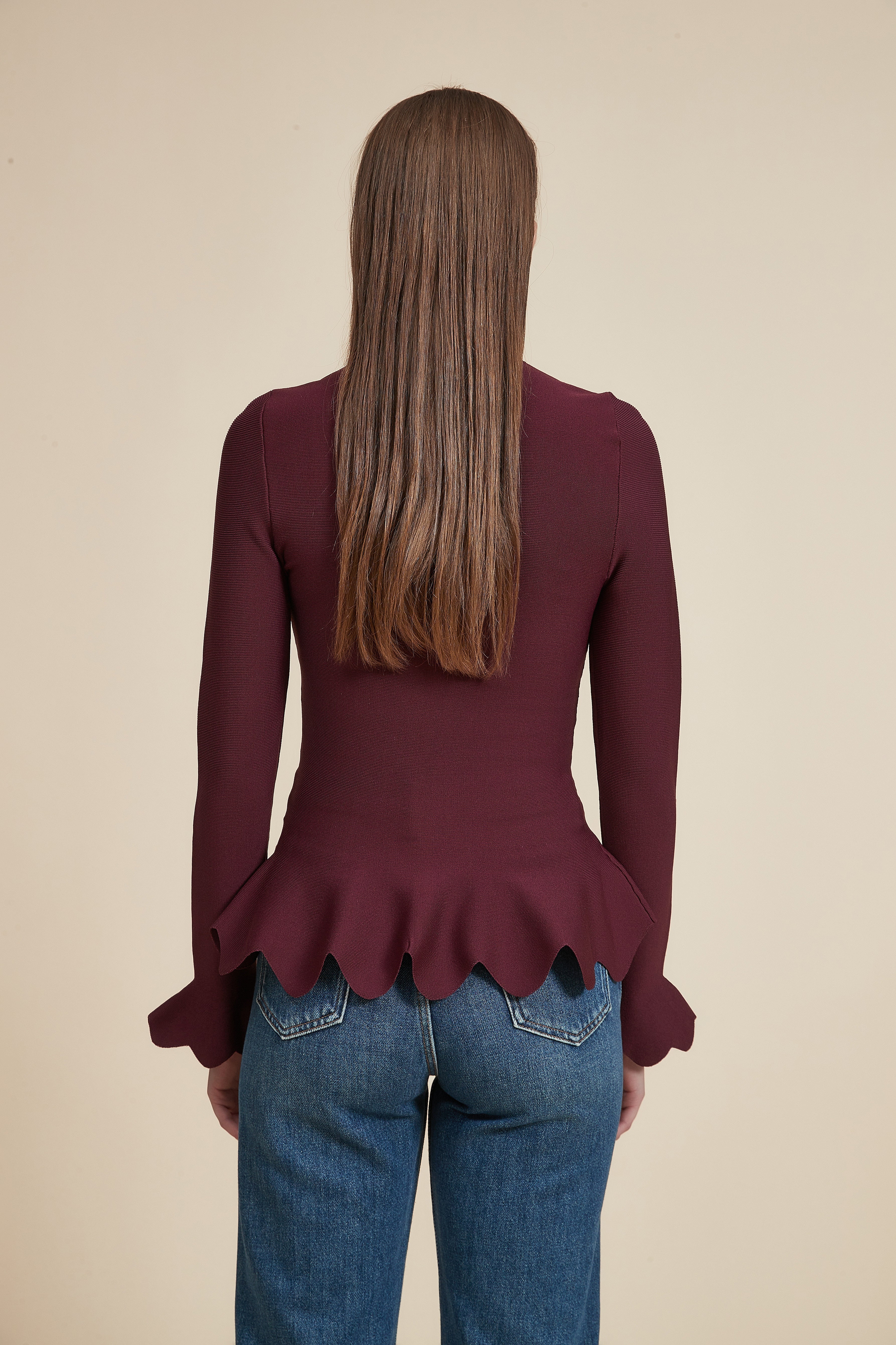 Long Ruffled Hem Blouse with Long Sleeves and Round Neck