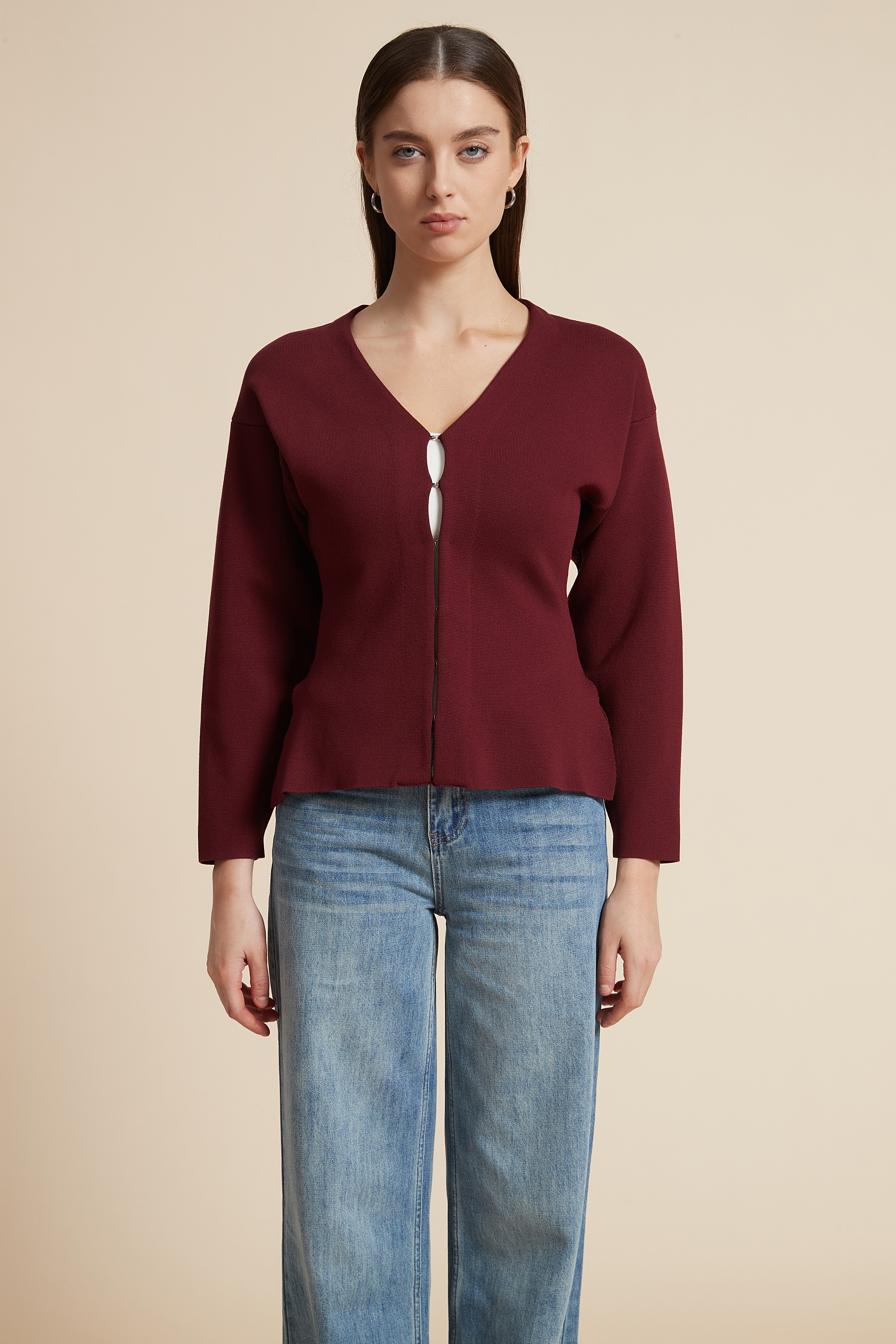 Solid Long Sleeve Waist-Length V-Neck Blouse