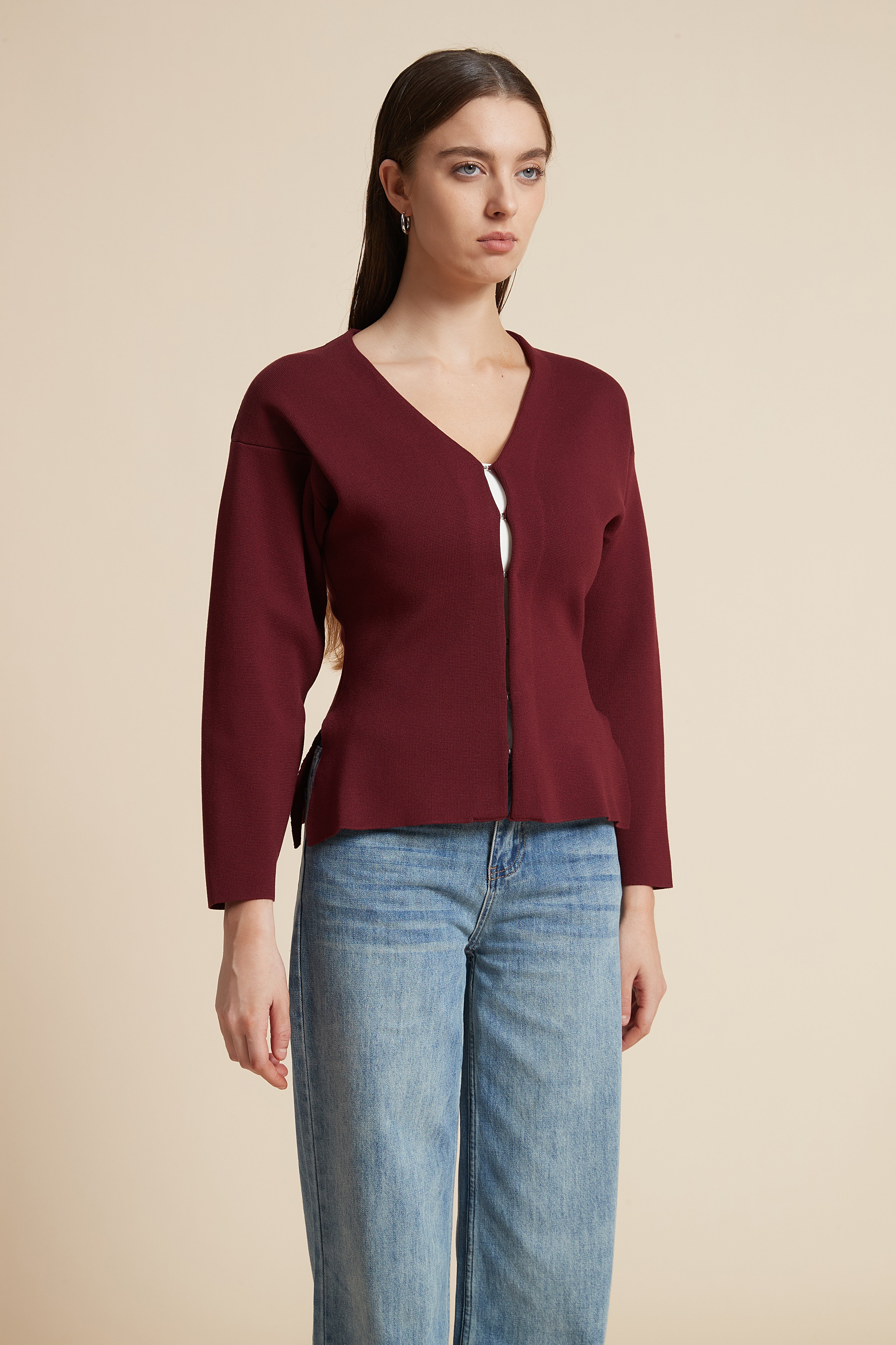 Solid Long Sleeve Waist-Length V-Neck Blouse