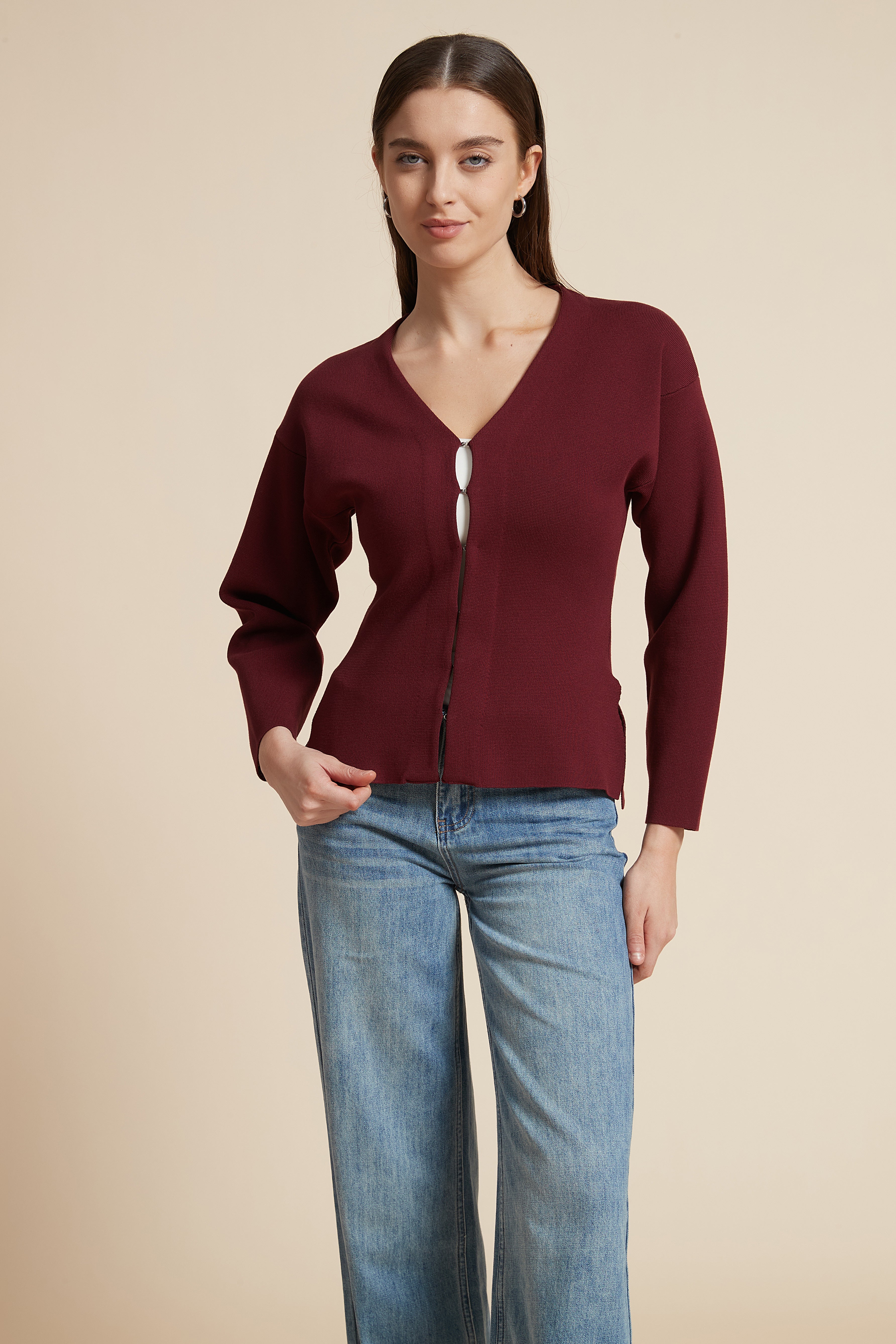 Solid Long Sleeve Waist-Length V-Neck Blouse