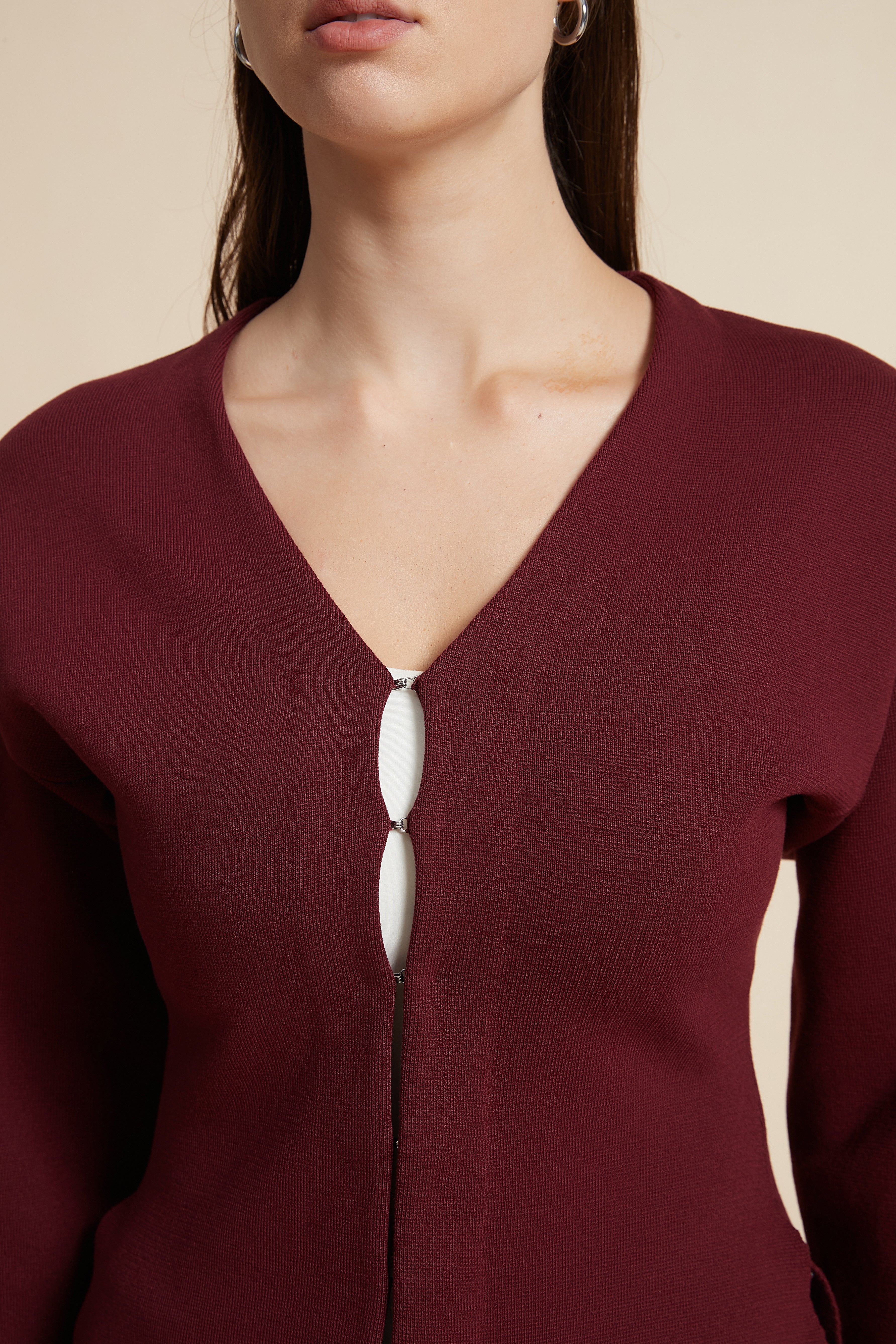 Solid Long Sleeve Waist-Length V-Neck Blouse
