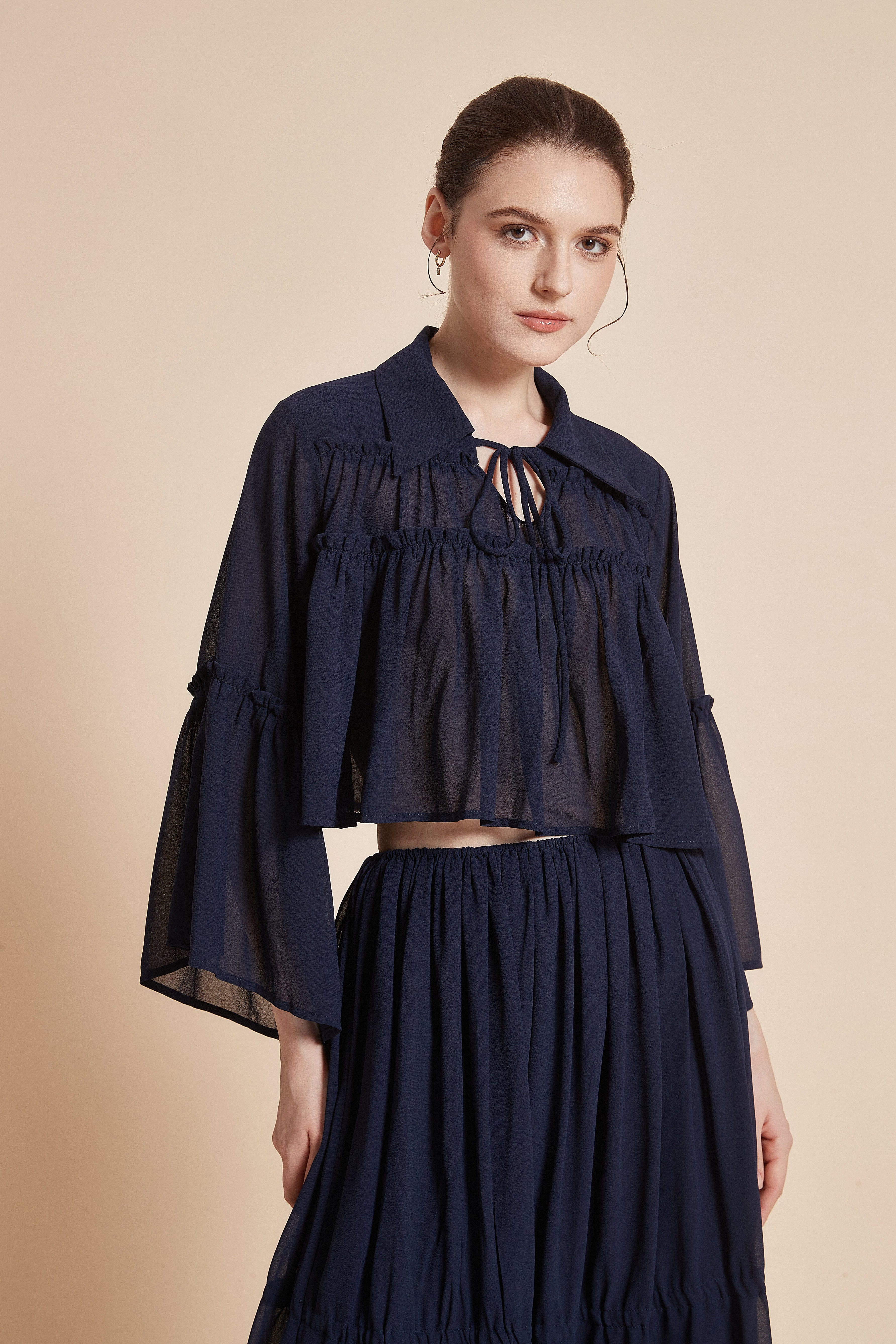 Short Sheer Blouse with Collar and Neck Tie