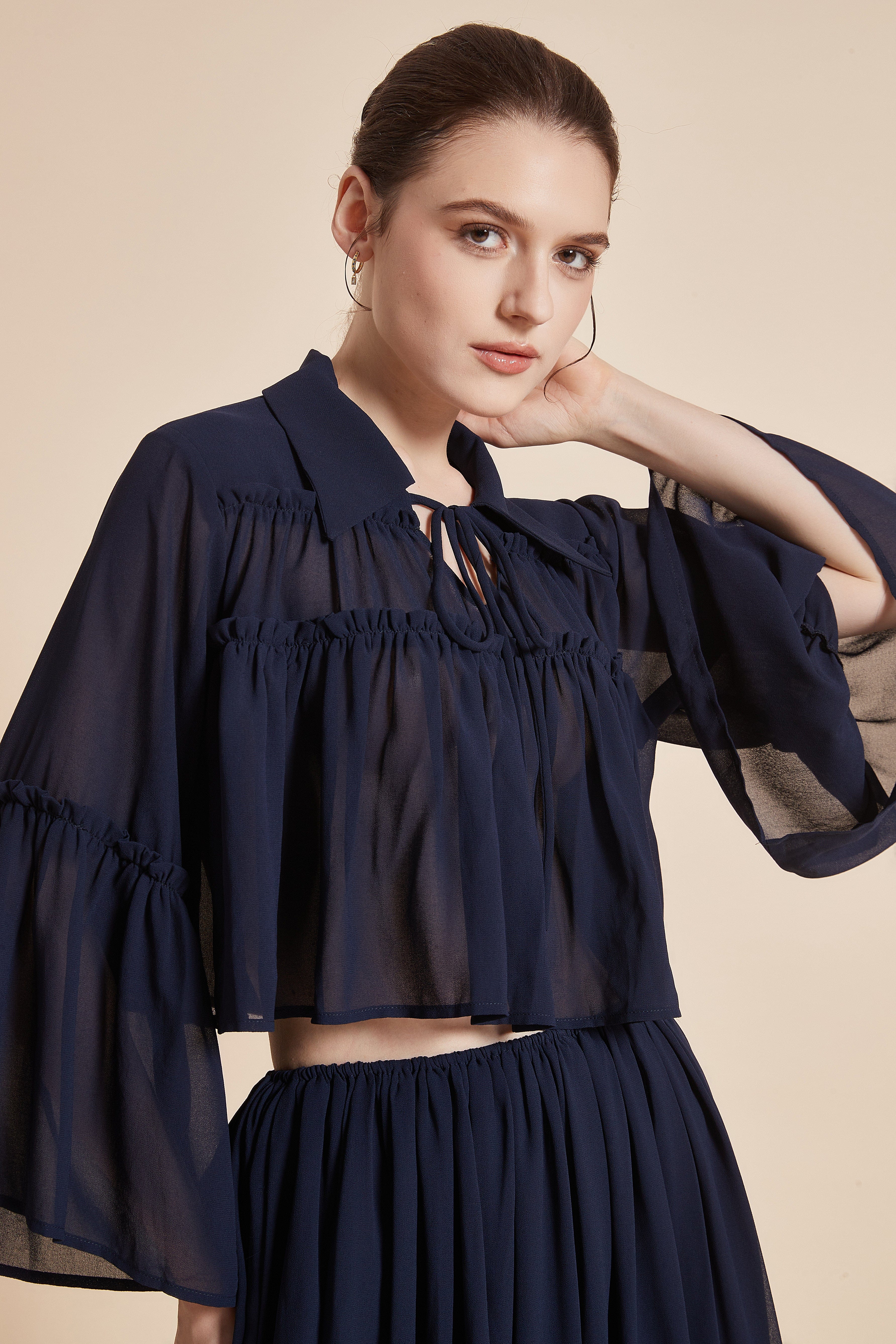 Short Sheer Blouse with Collar and Neck Tie