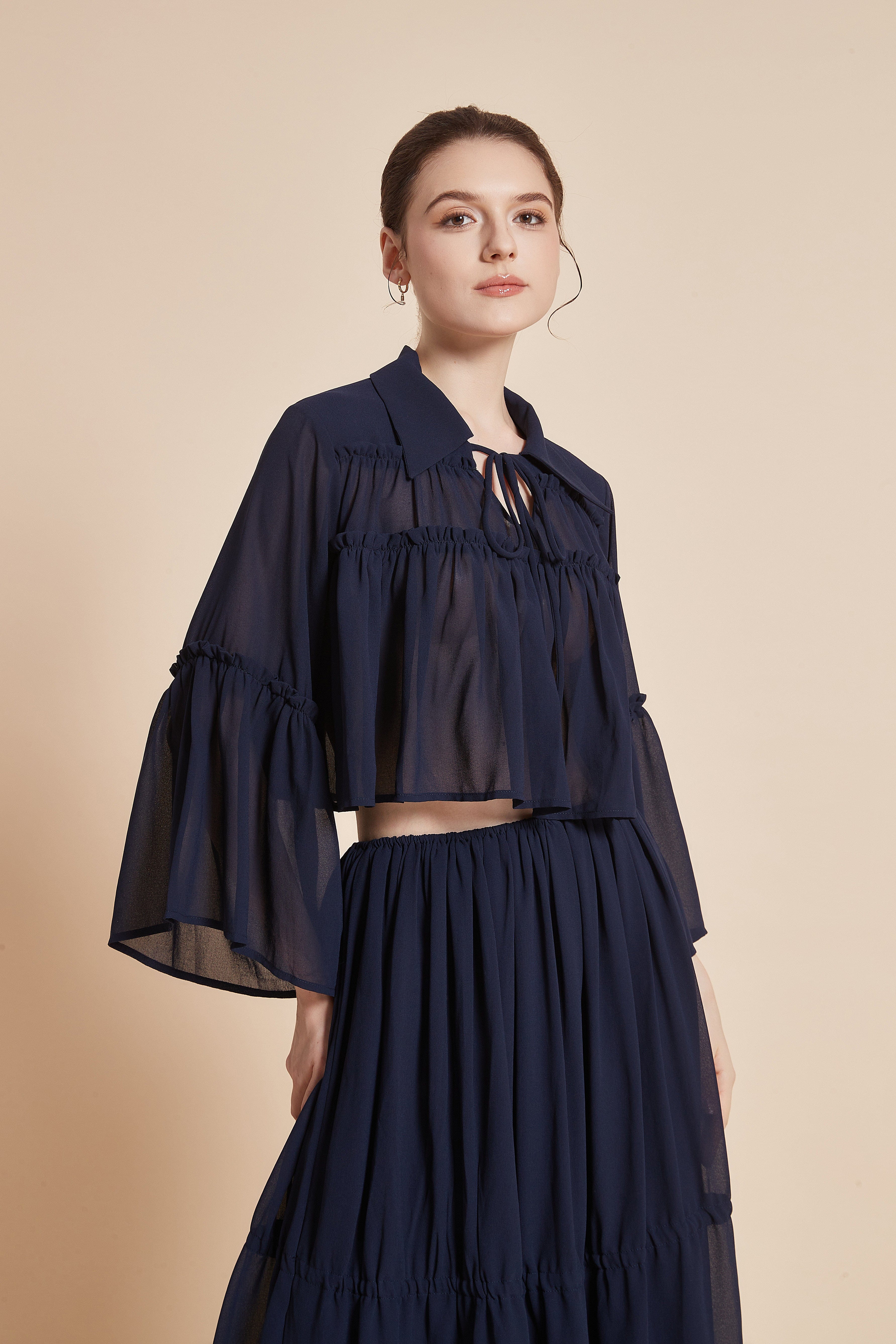 Short Sheer Blouse with Collar and Neck Tie