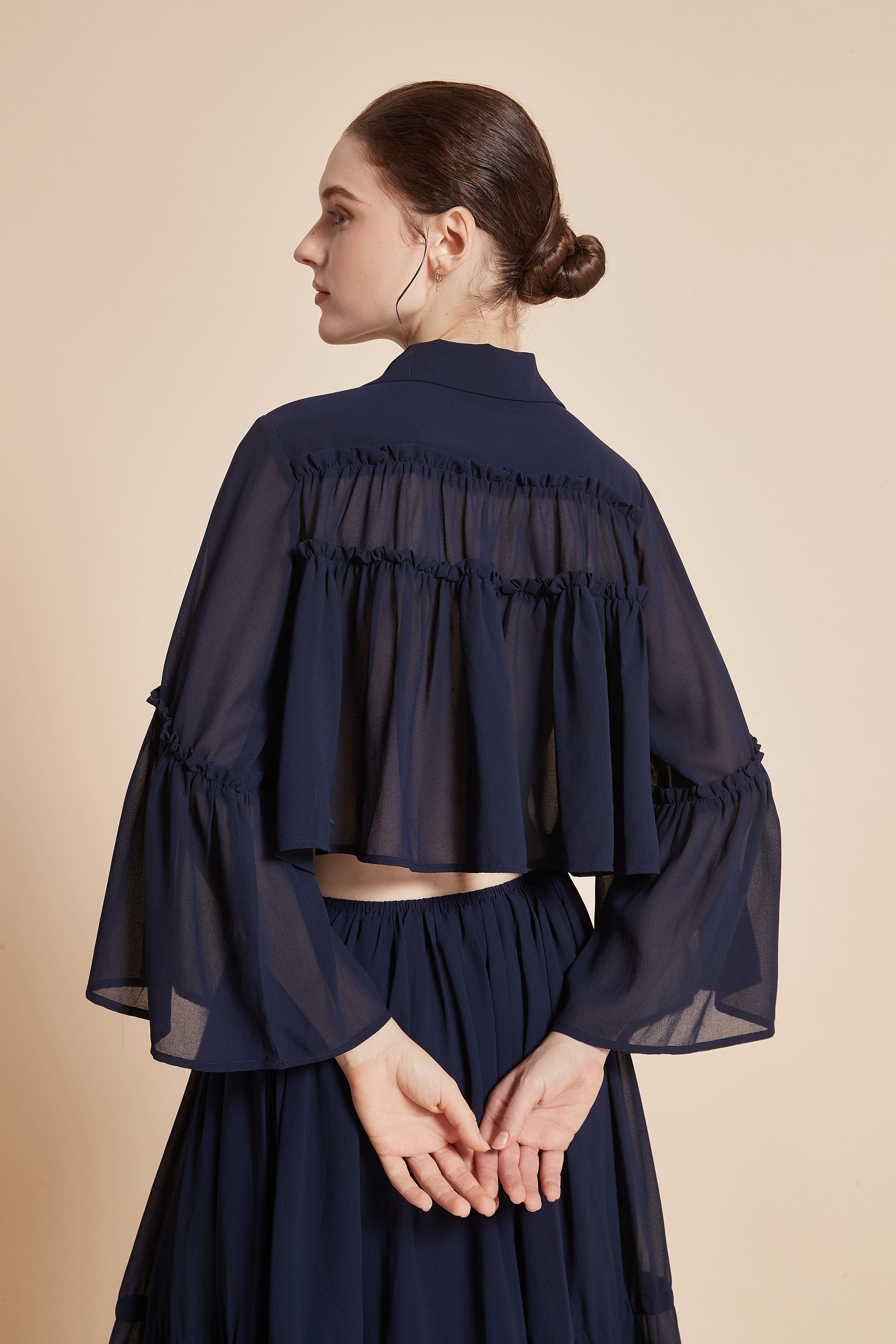 Short Sheer Blouse with Collar and Neck Tie