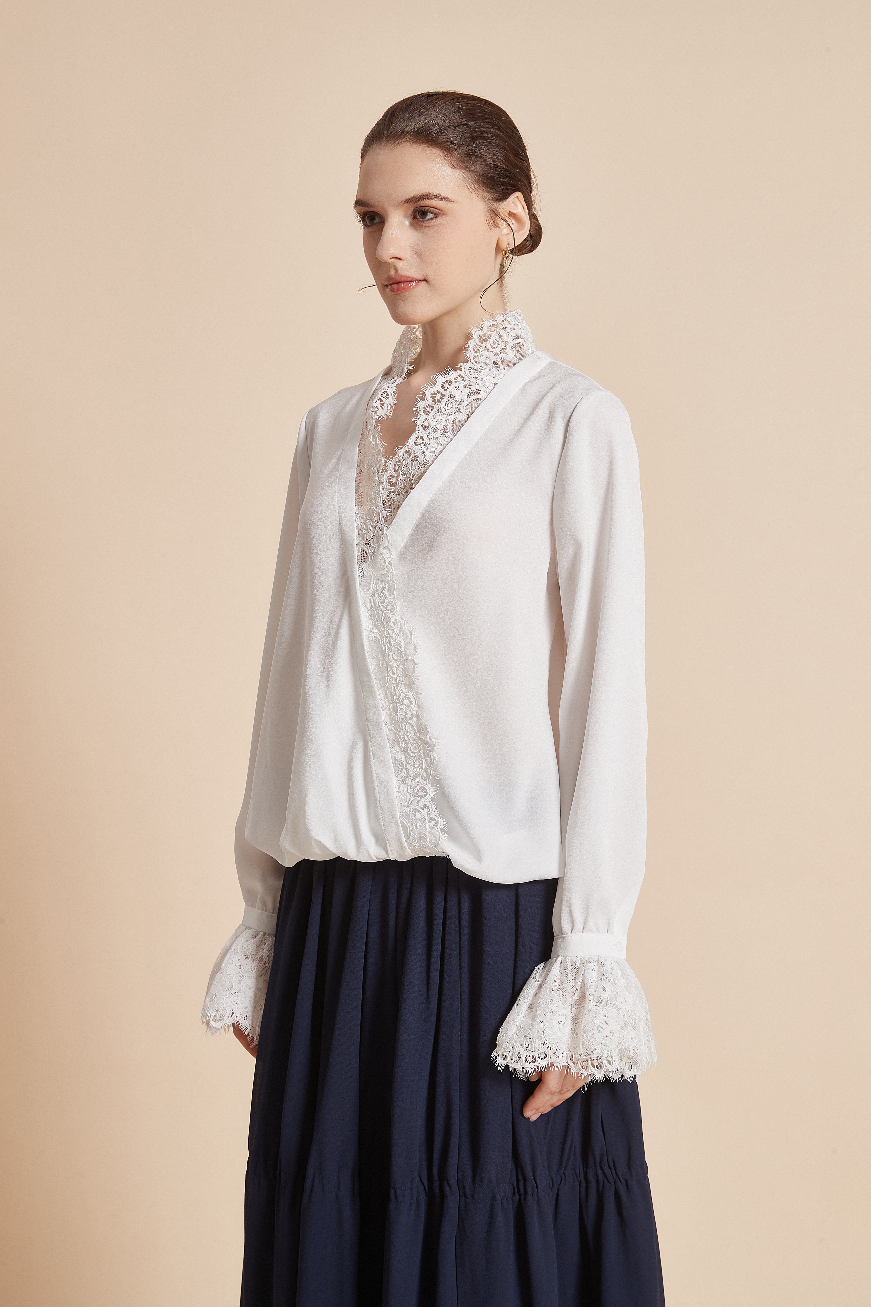 Yola Plain Blouse with Long Sleeves and Lace Details
