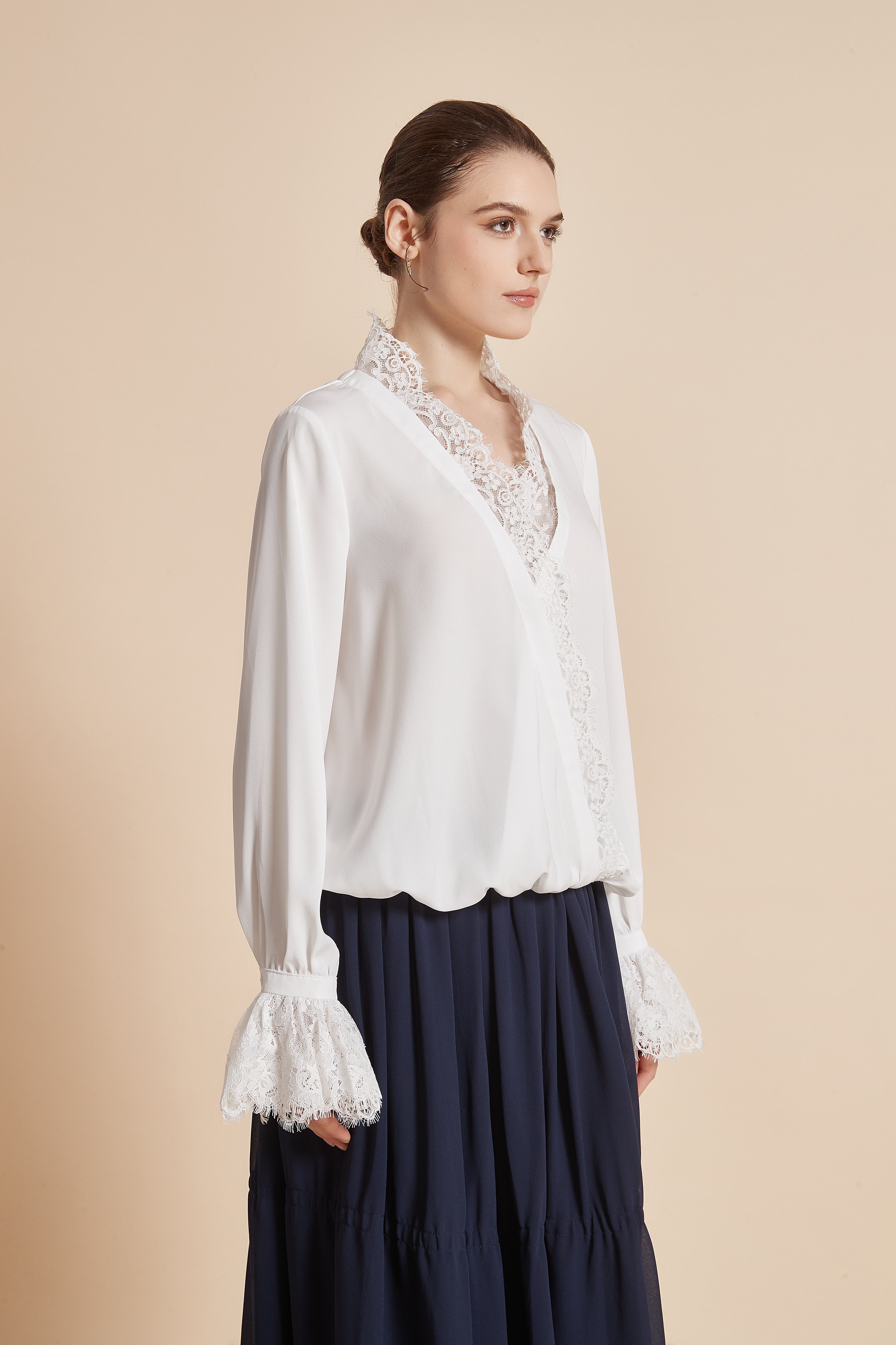 Yola Plain Blouse with Long Sleeves and Lace Details