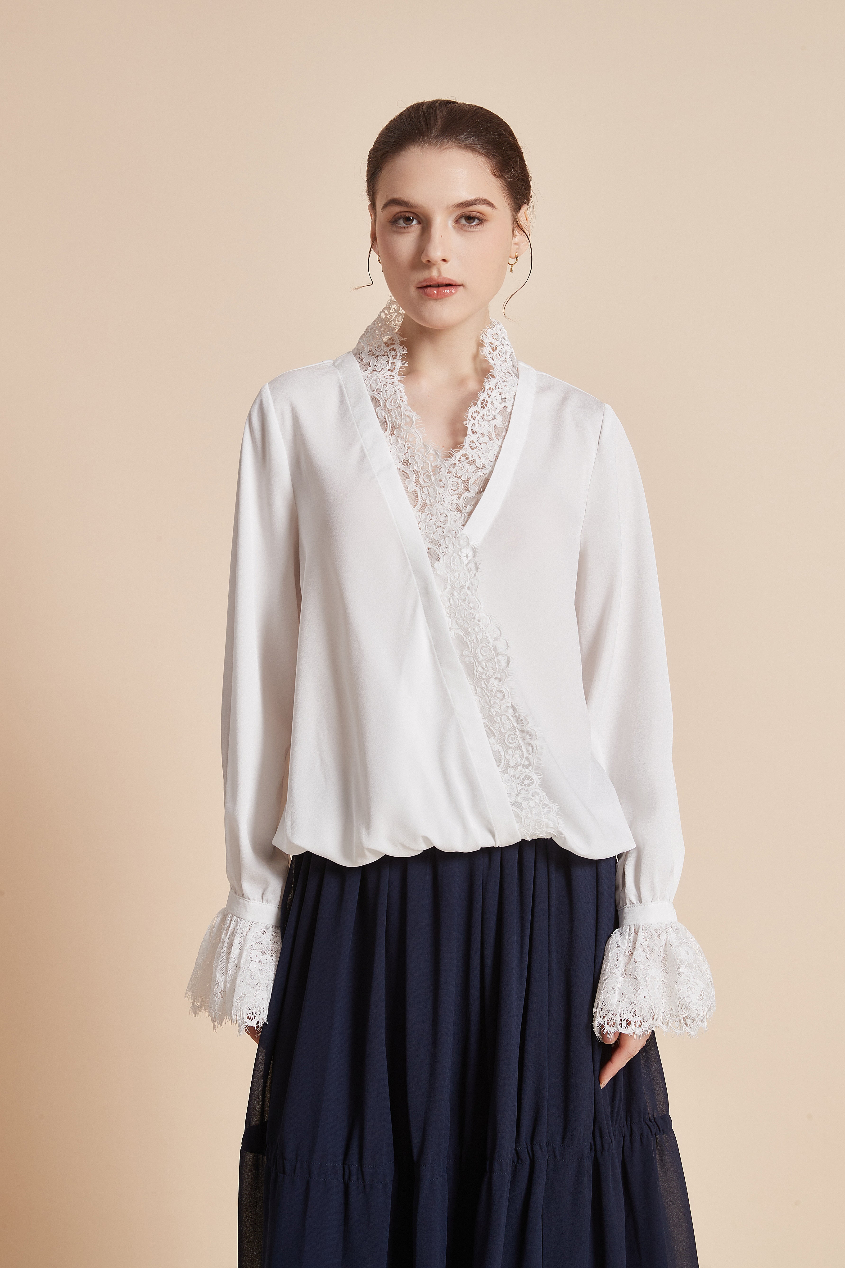Yola Plain Blouse with Long Sleeves and Lace Details