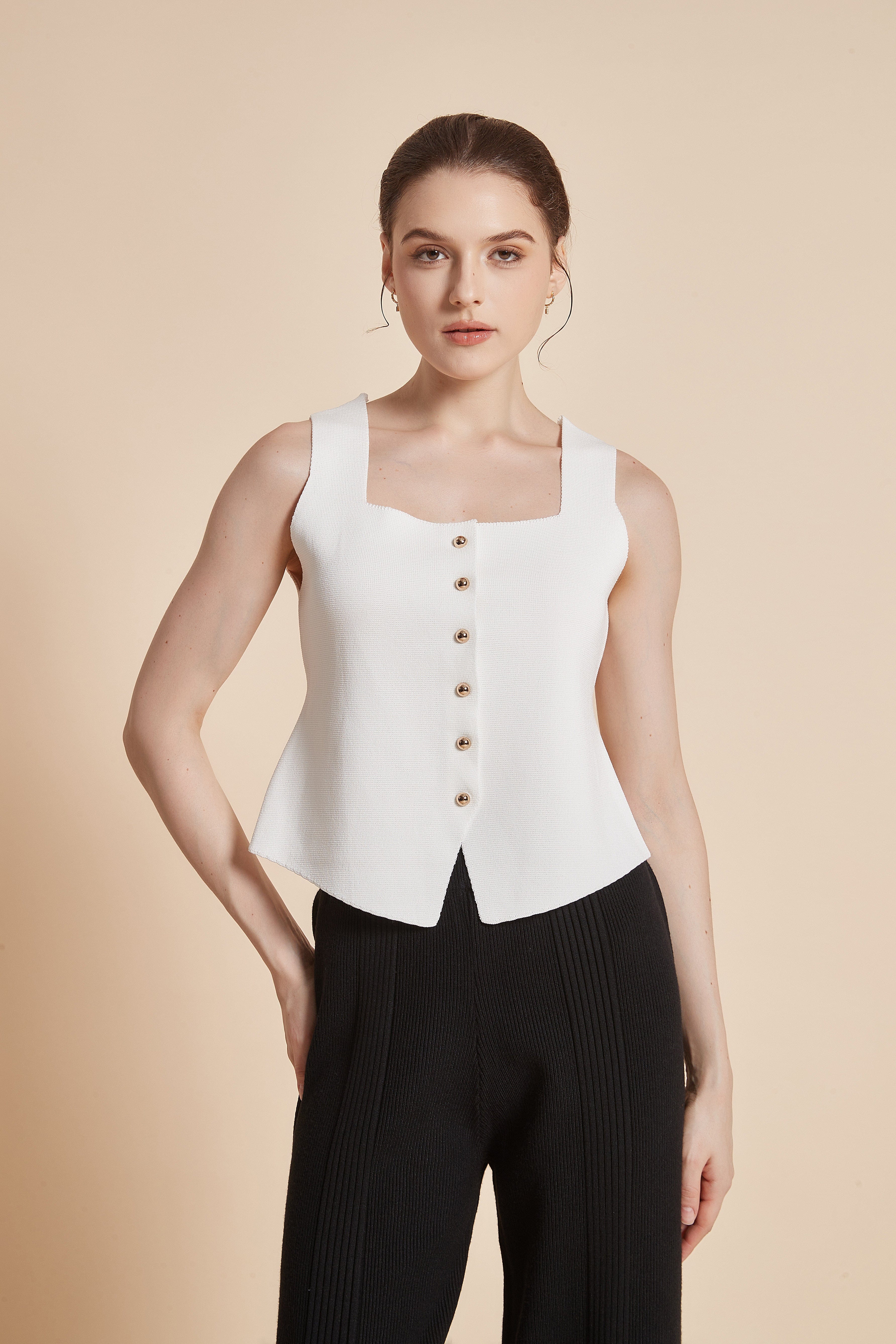 Plain Sleeveless Blouse With Square Neckline