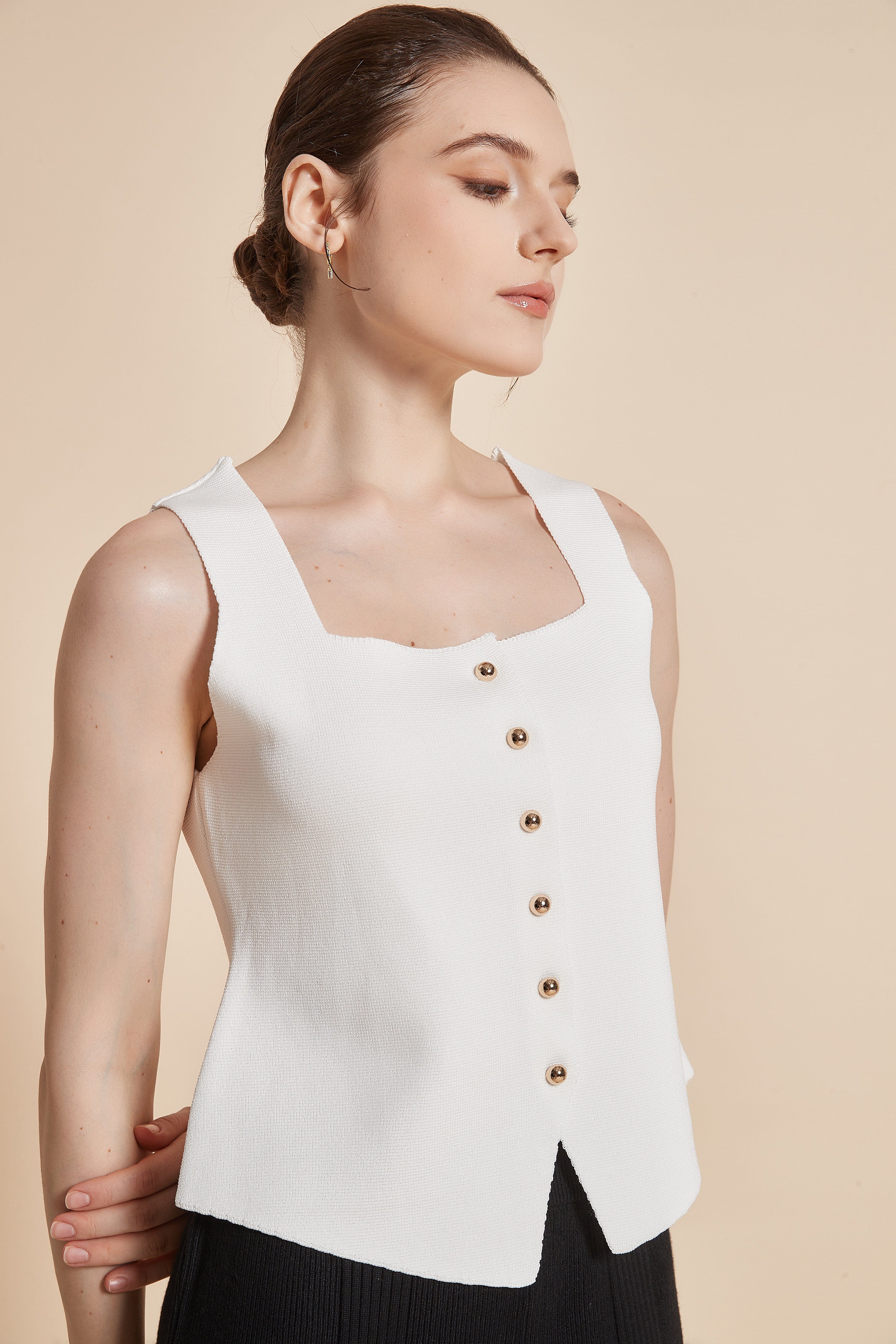 Plain Sleeveless Blouse With Square Neckline