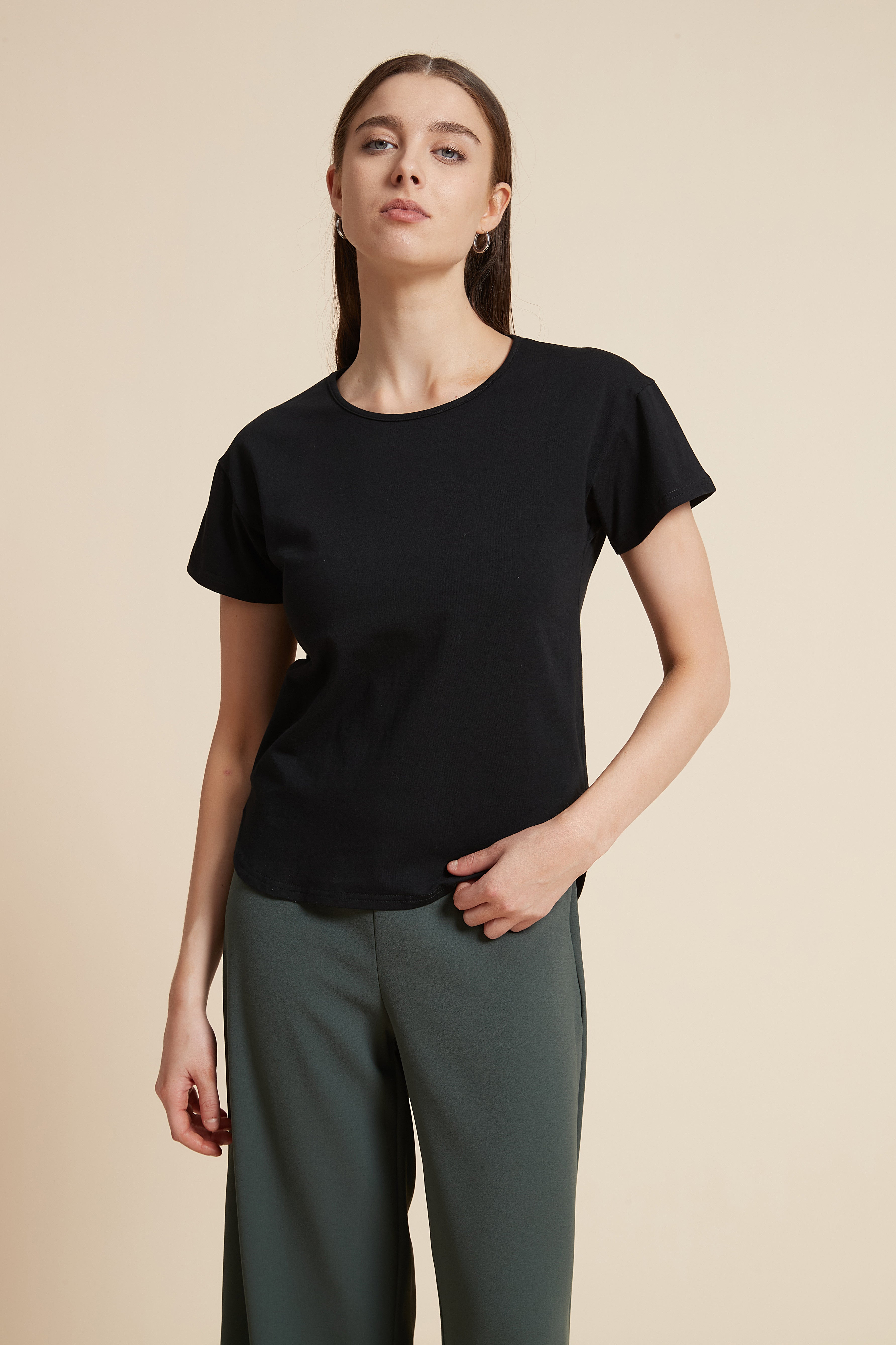 Solid Short Sleeve Blouse with Round Neck