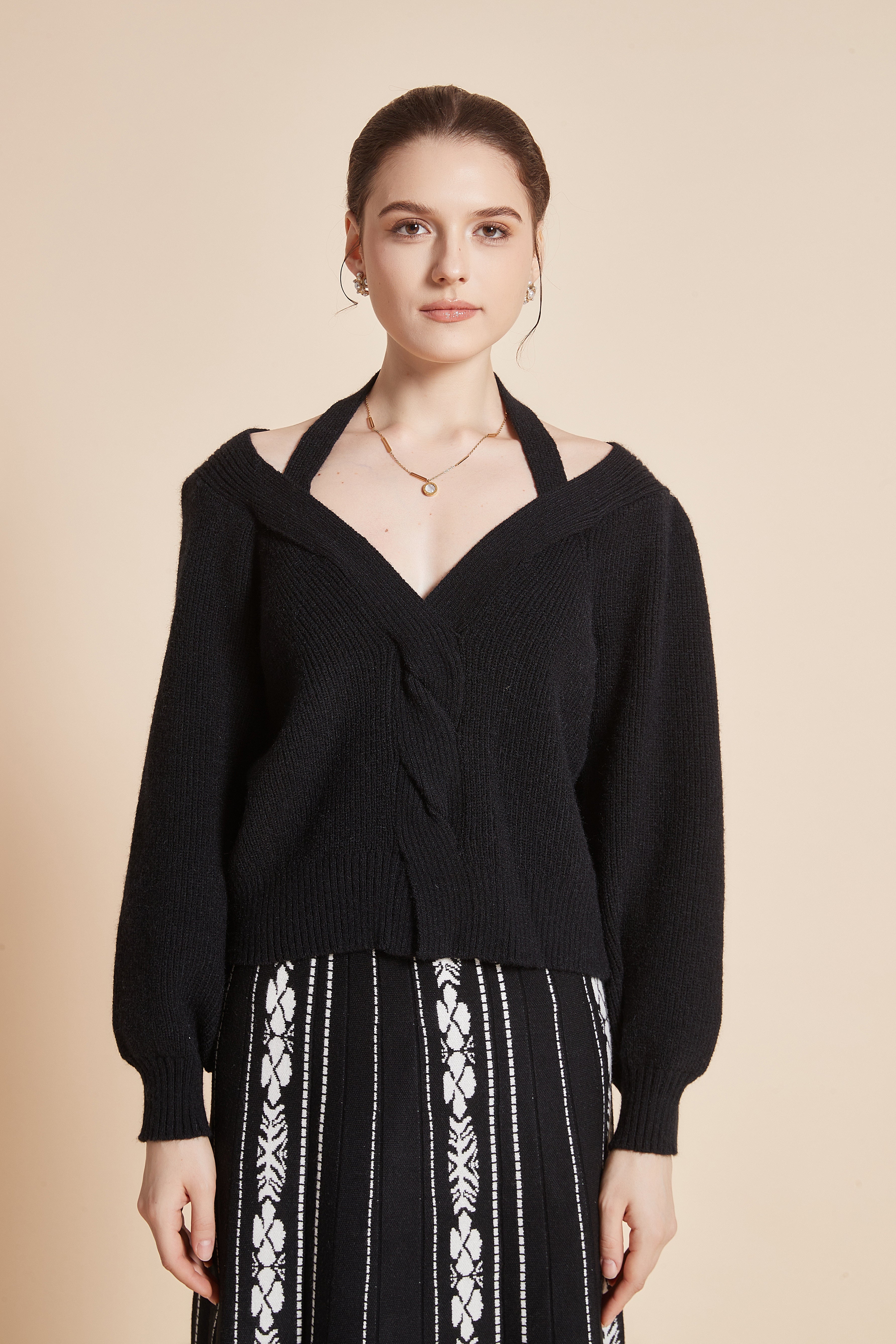 Short V-Neck Sweater with Long Sleeves