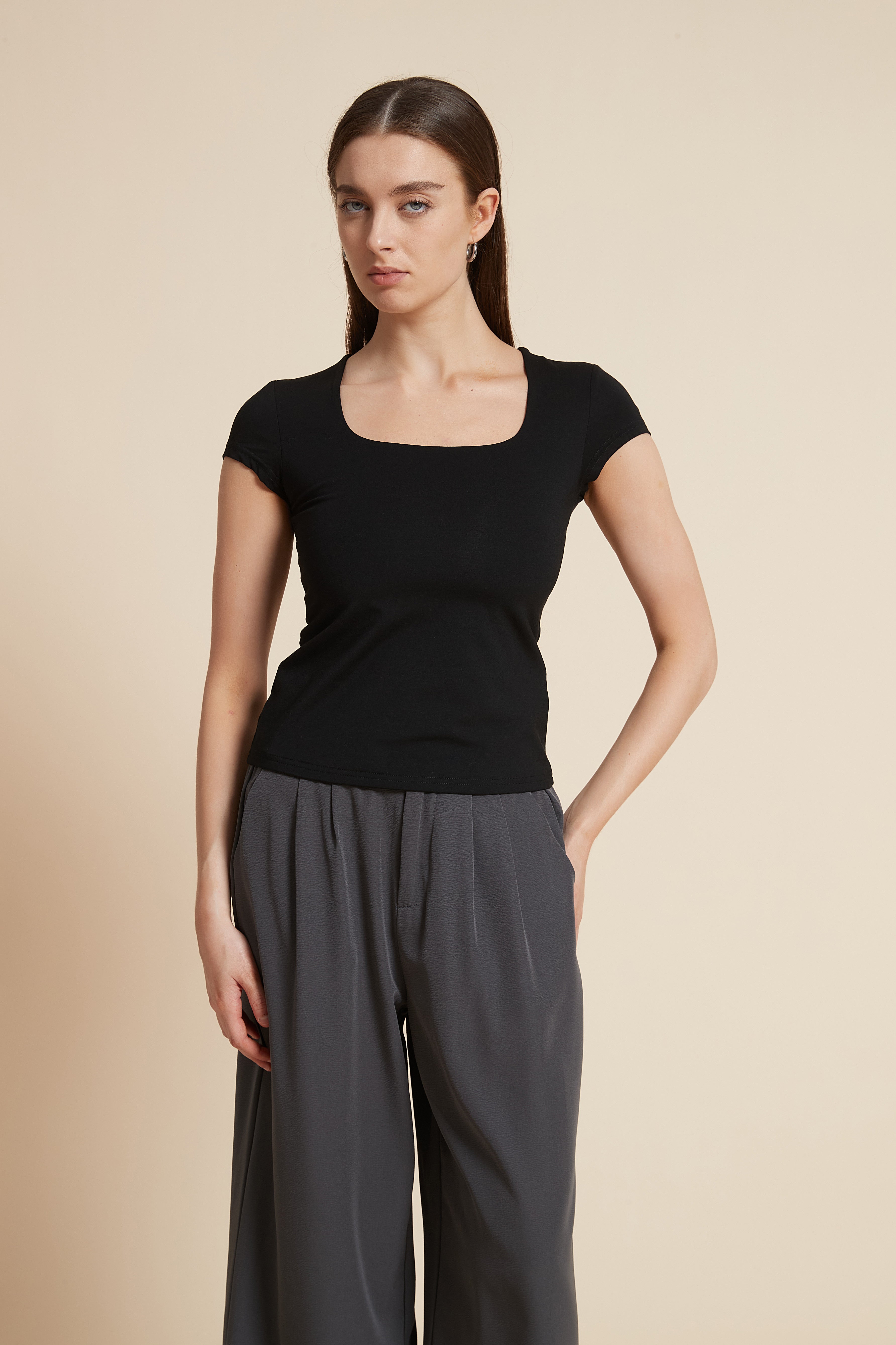 Solid Square Neck Short Sleeve Blouse