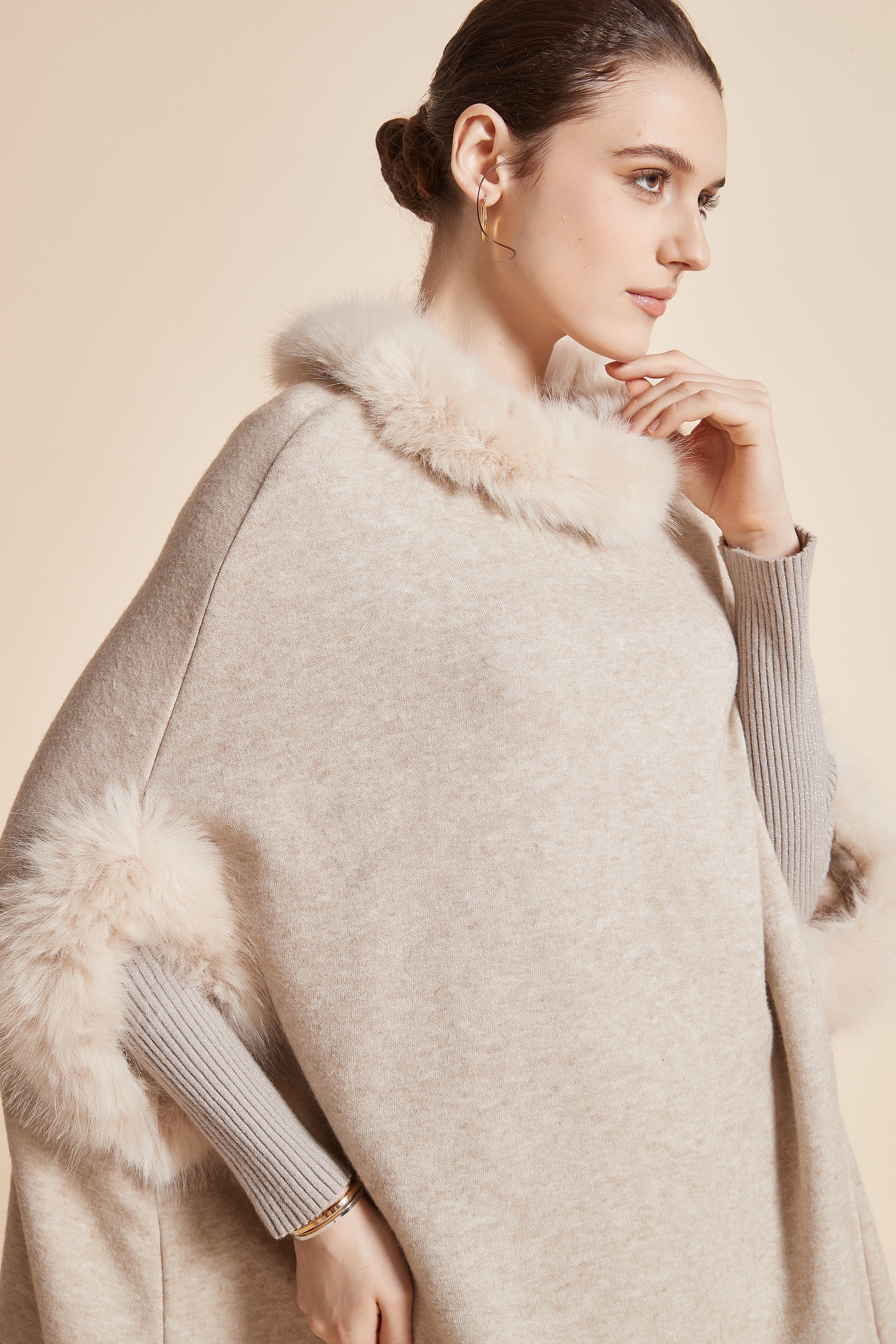 Long Blouse With Half Sleeves And Fur On Collar And Sleeves