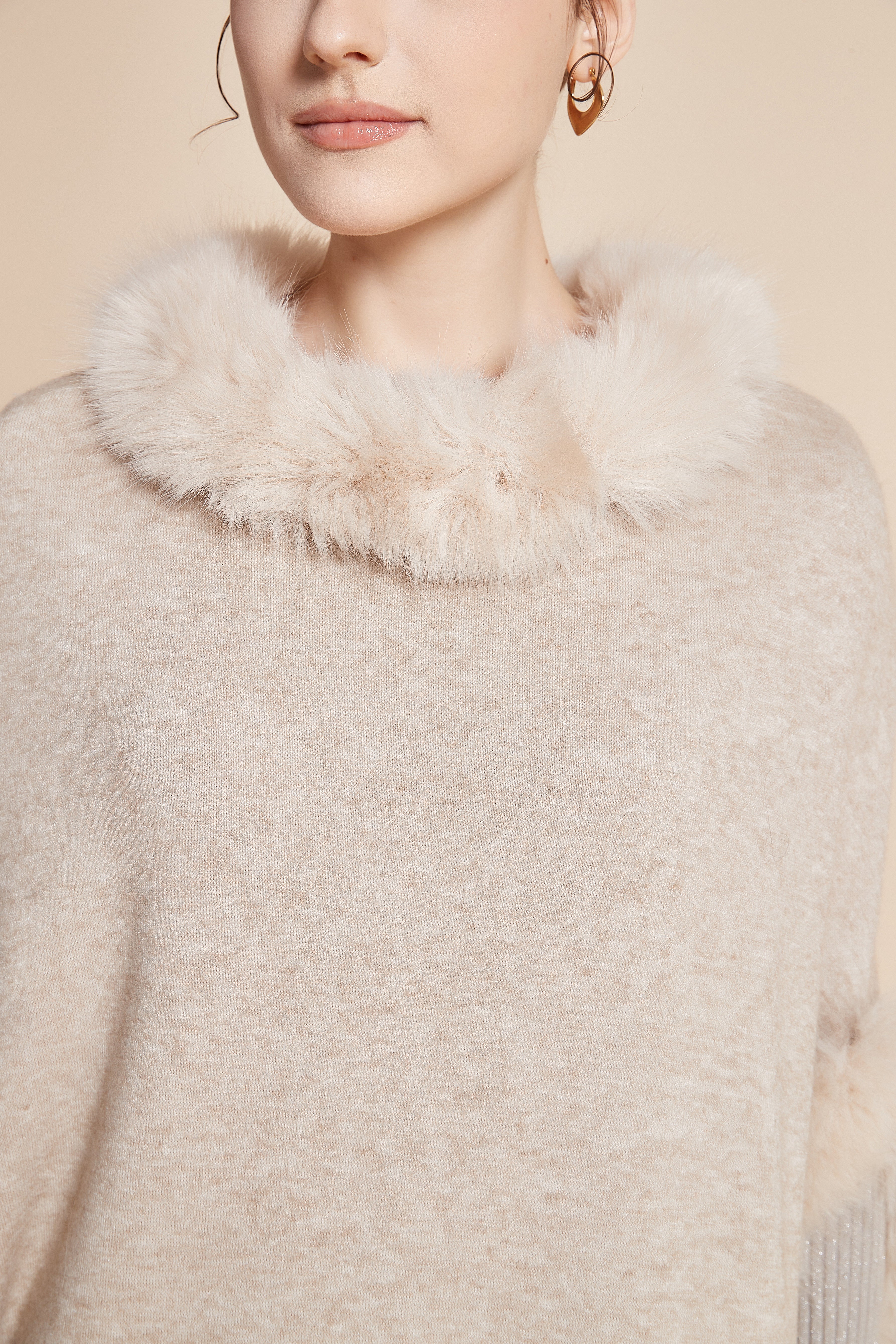Long Blouse With Half Sleeves And Fur On Collar And Sleeves