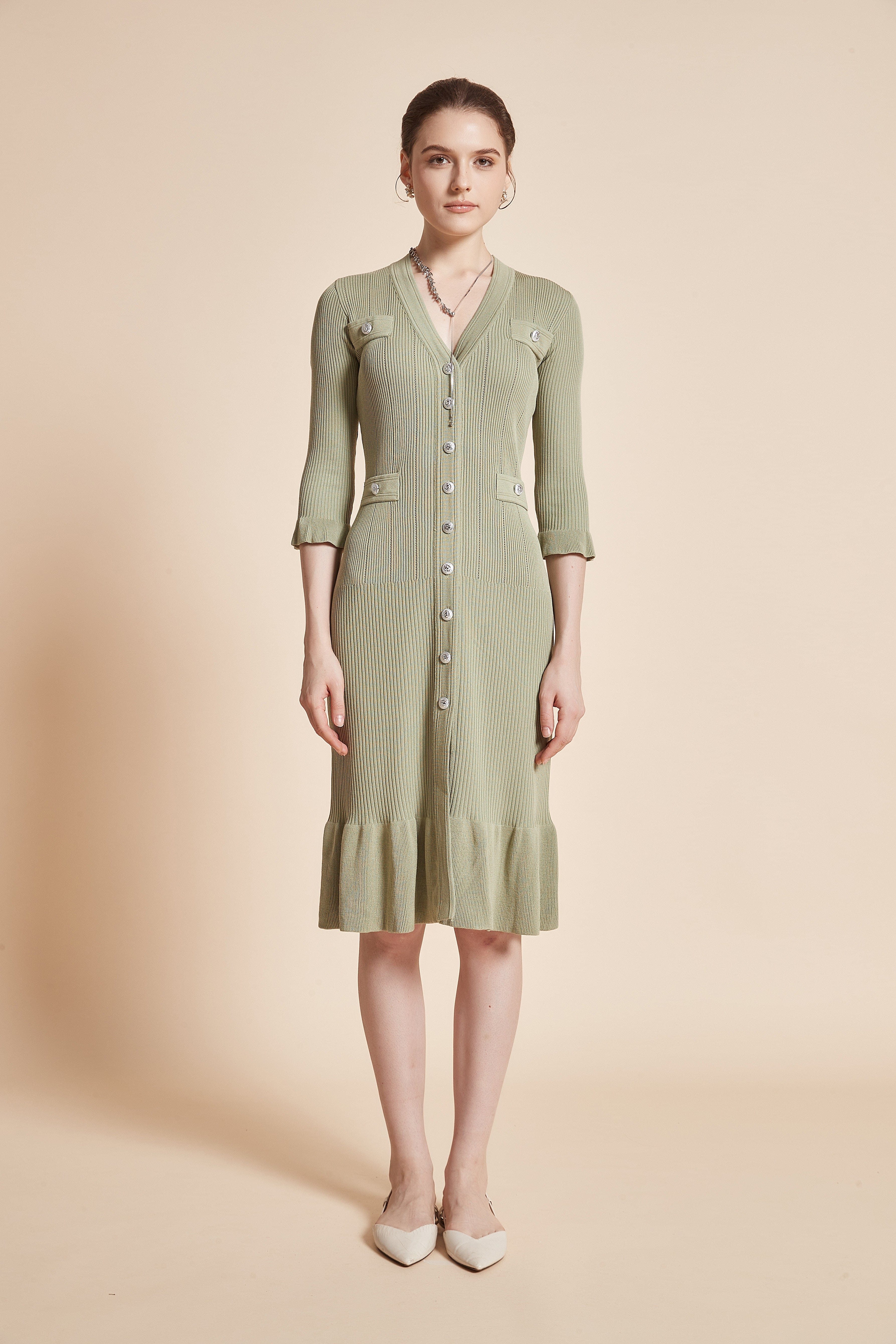 Midi Dress With 3/4 Sleeves, V-Neck, And Knee Ruffles