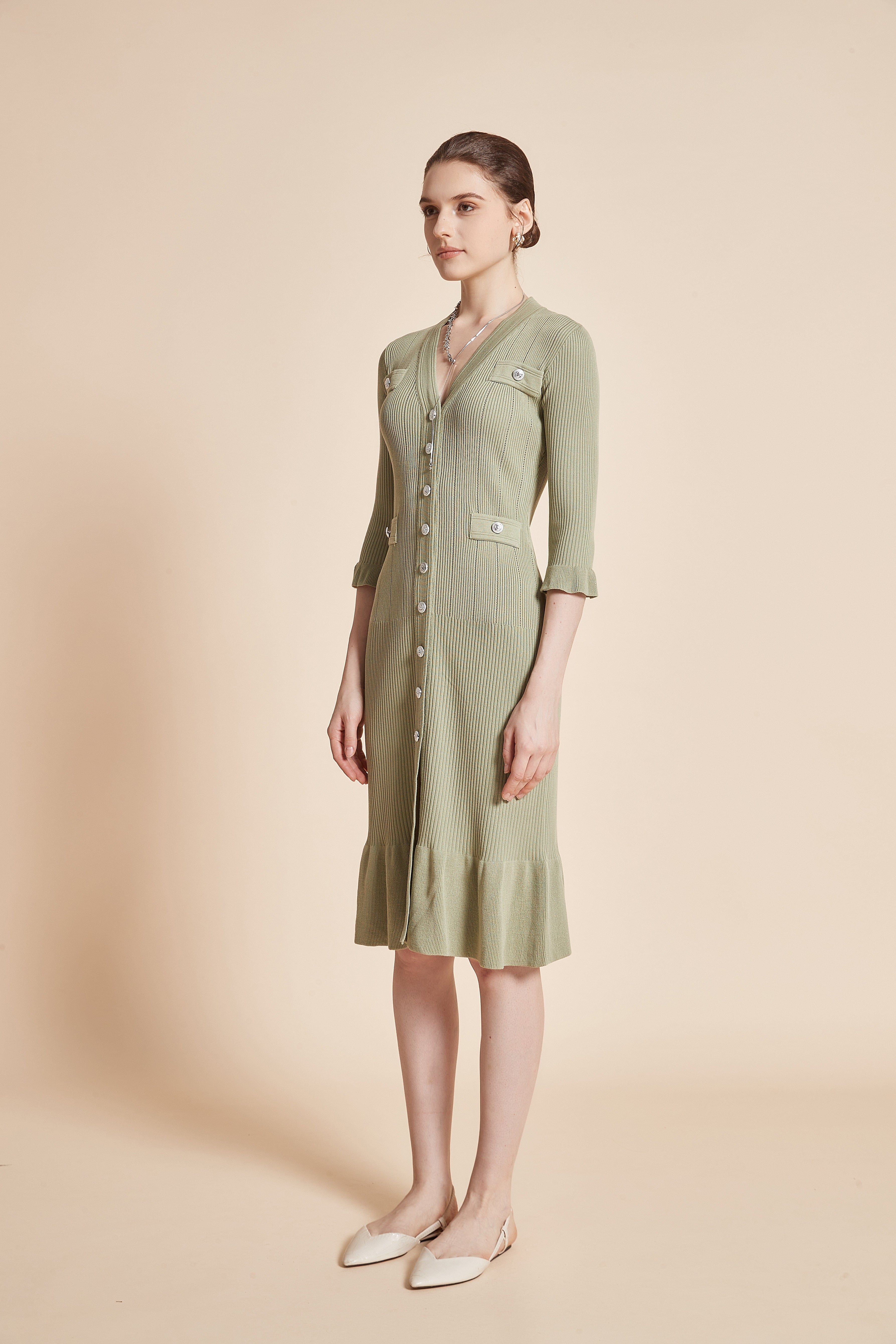 Midi Dress With 3/4 Sleeves, V-Neck, And Knee Ruffles