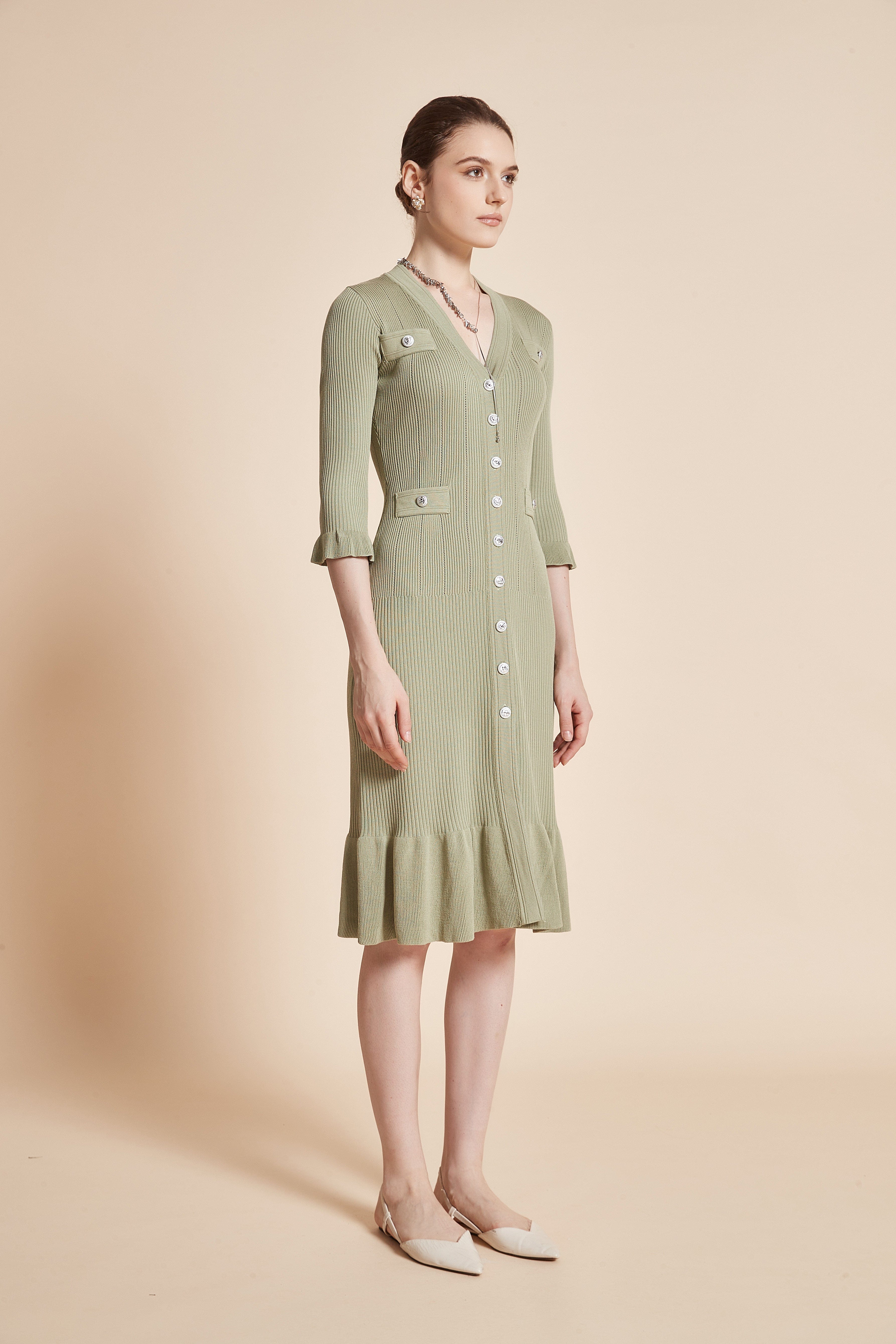 Midi Dress With 3/4 Sleeves, V-Neck, And Knee Ruffles