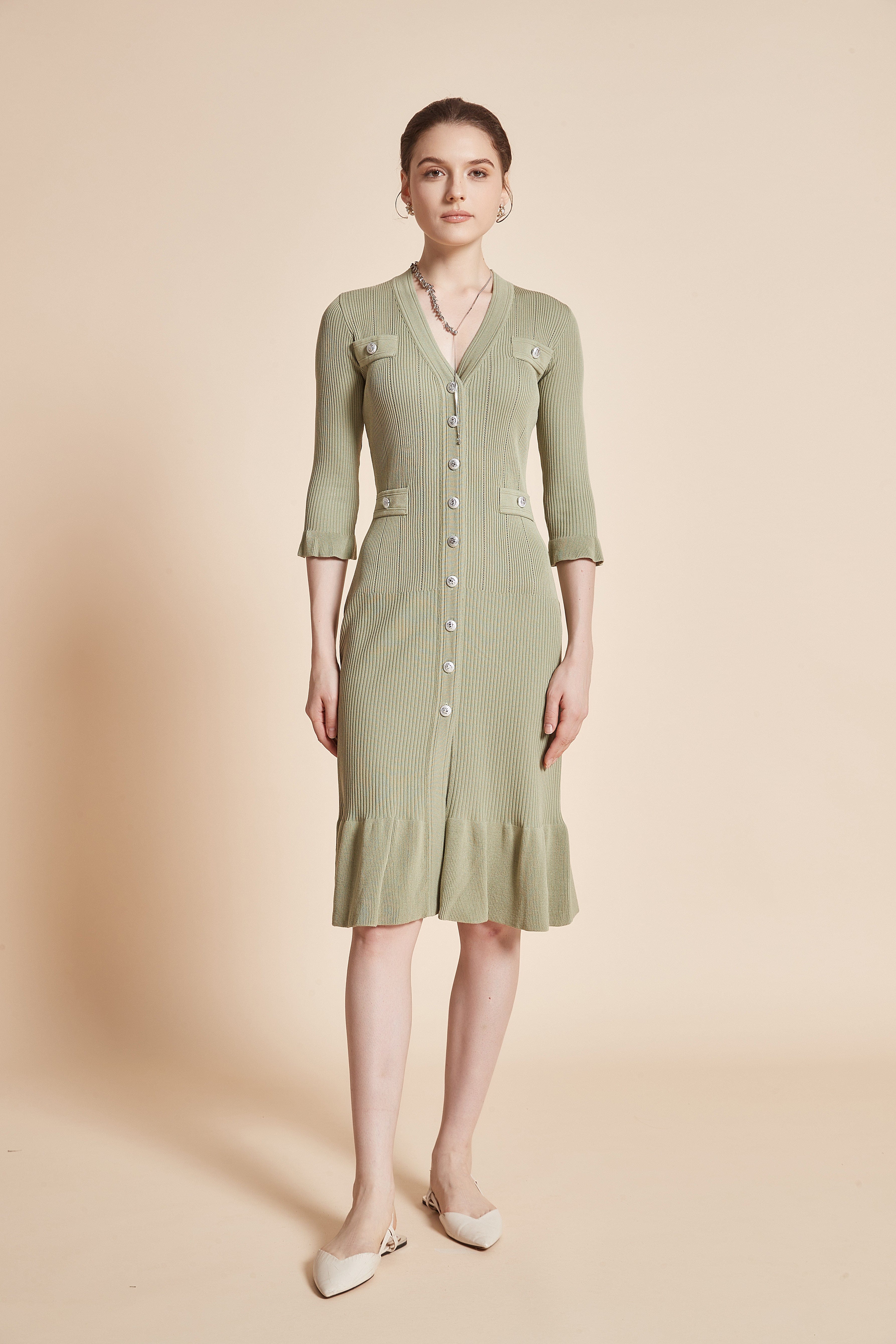 Midi Dress With 3/4 Sleeves, V-Neck, And Knee Ruffles