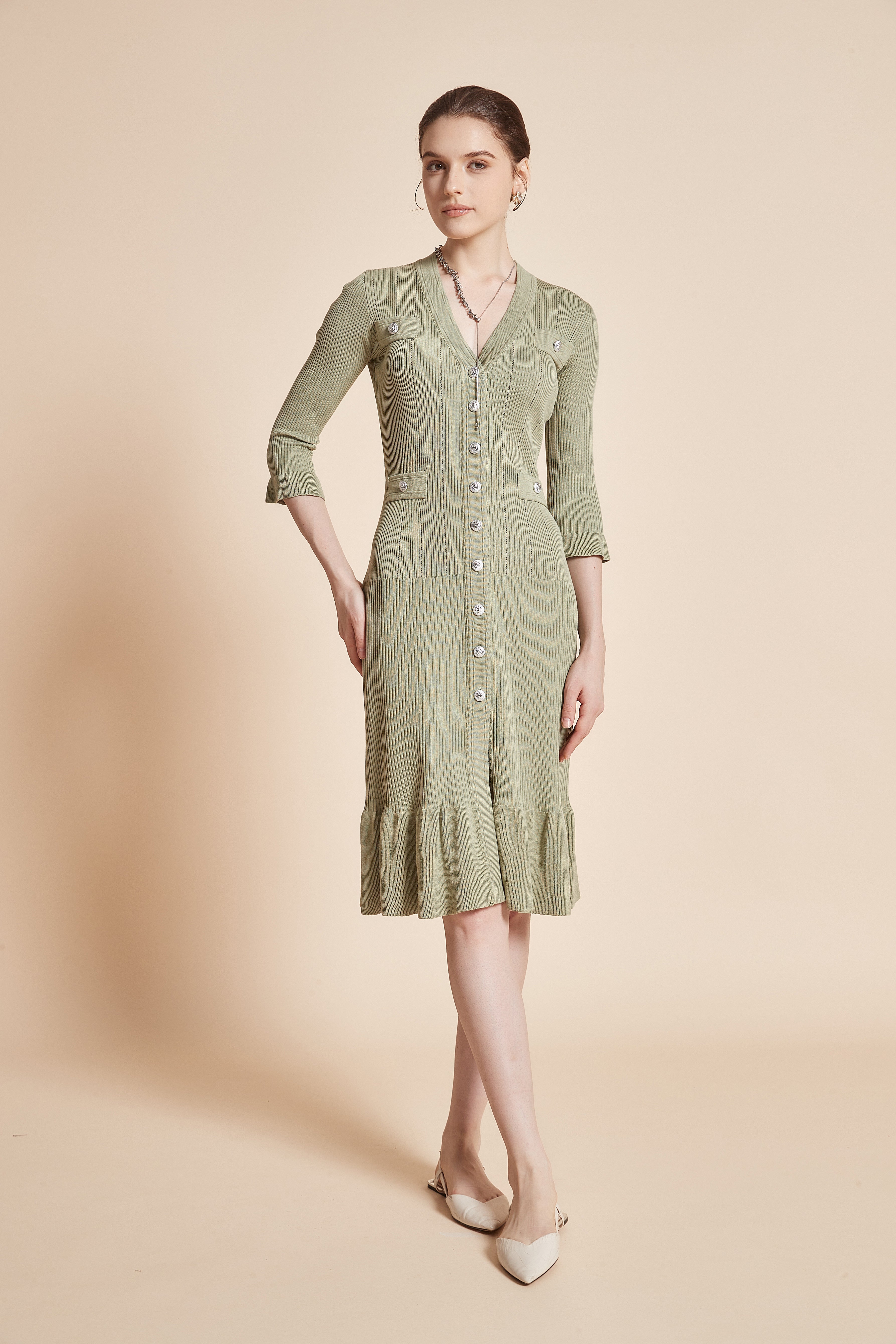 Yola Midi Dress with 3/4 Sleeves, V-Neck, and Knee Ruffles