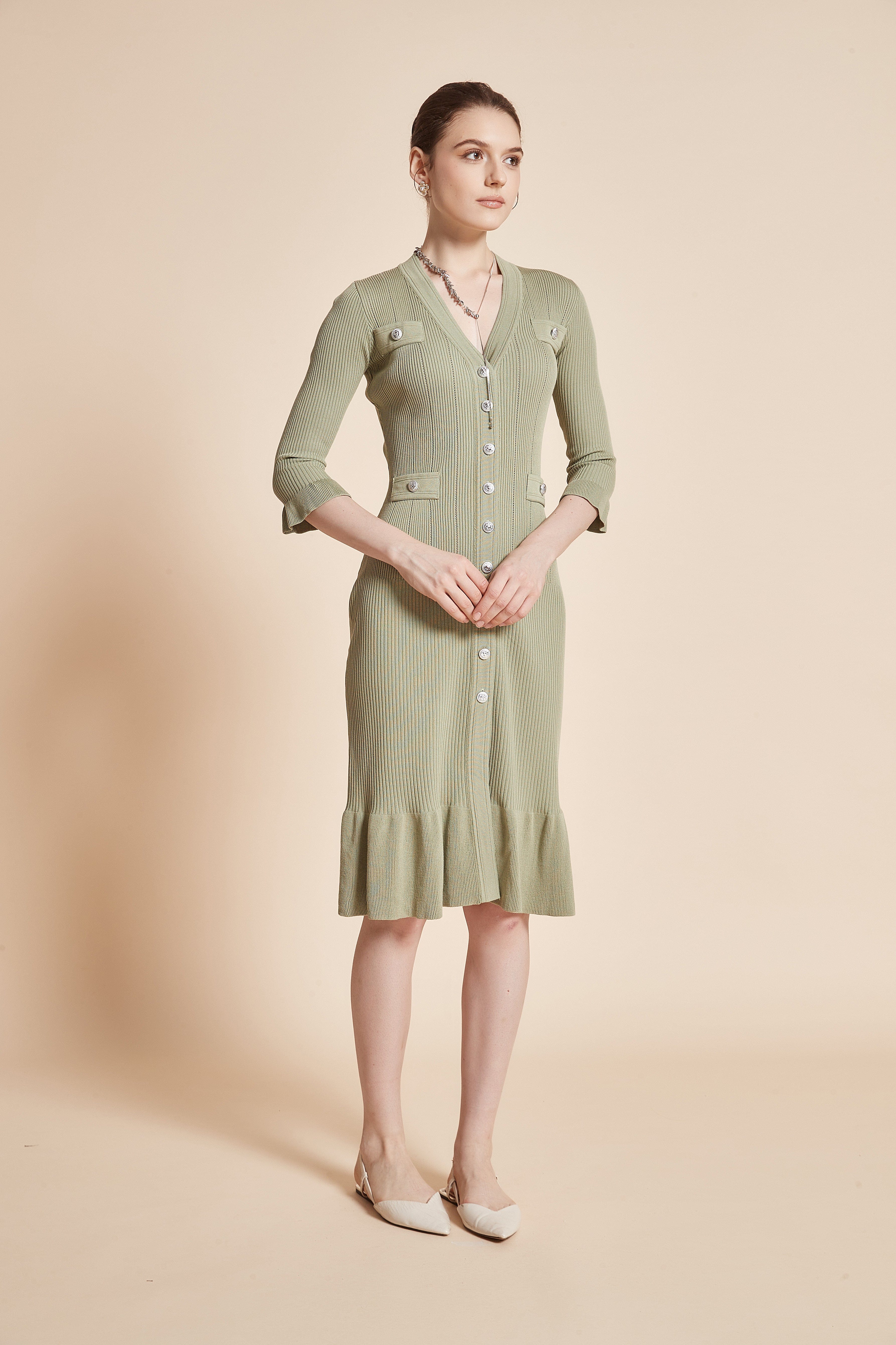 Midi Dress With 3/4 Sleeves, V-Neck, And Knee Ruffles