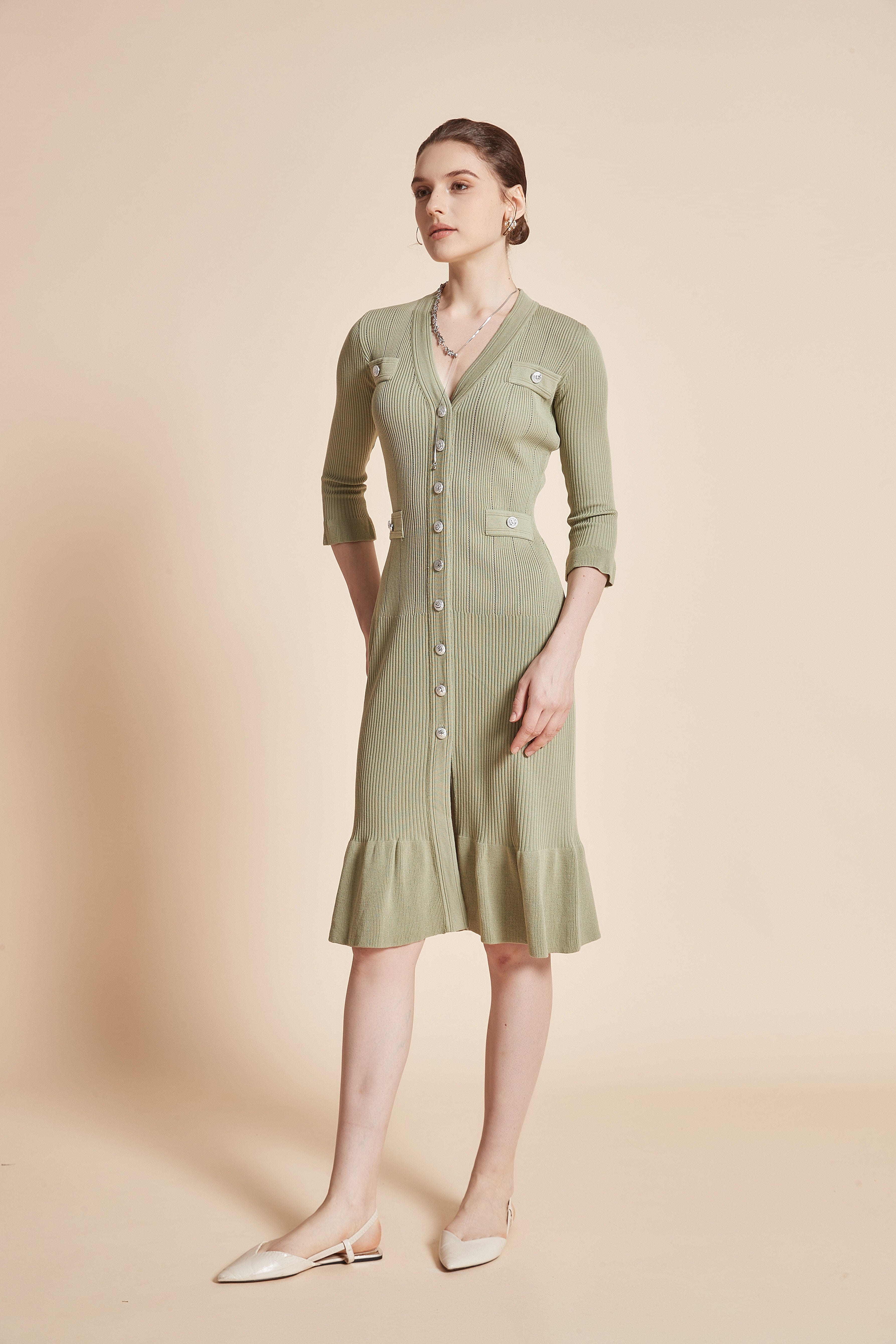 Midi Dress With 3/4 Sleeves, V-Neck, And Knee Ruffles