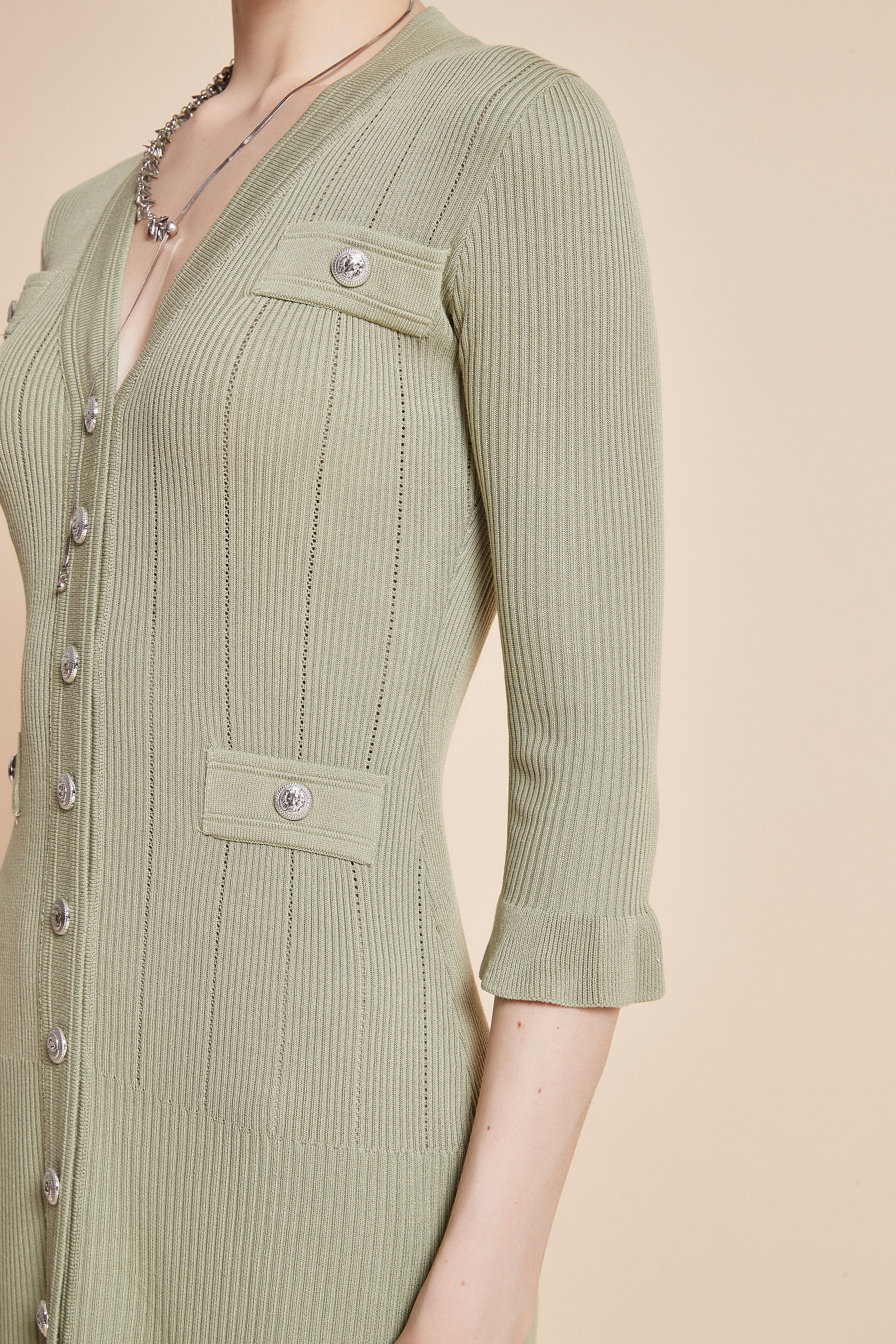 Midi Dress With 3/4 Sleeves, V-Neck, And Knee Ruffles