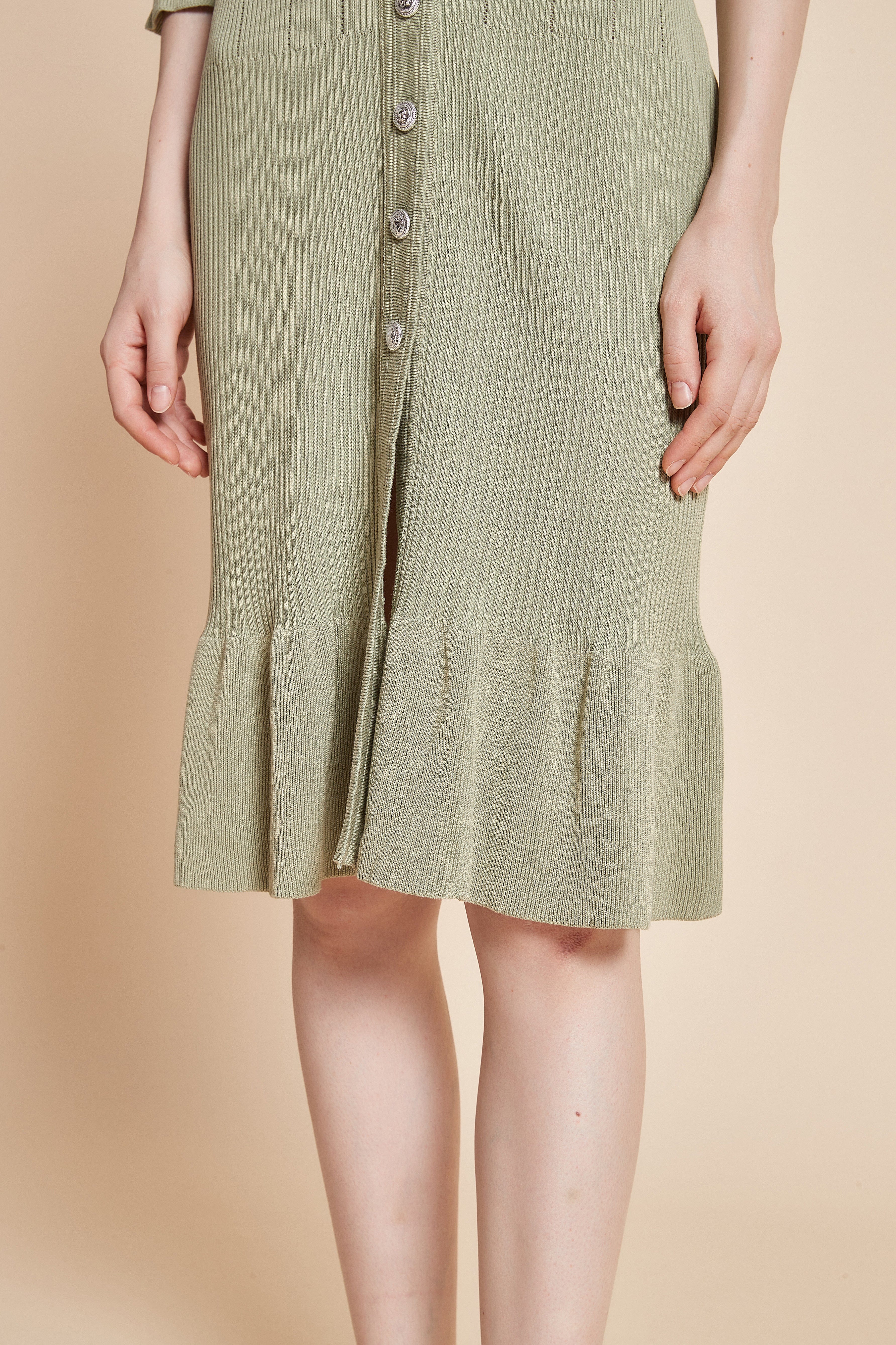 Midi Dress With 3/4 Sleeves, V-Neck, And Knee Ruffles