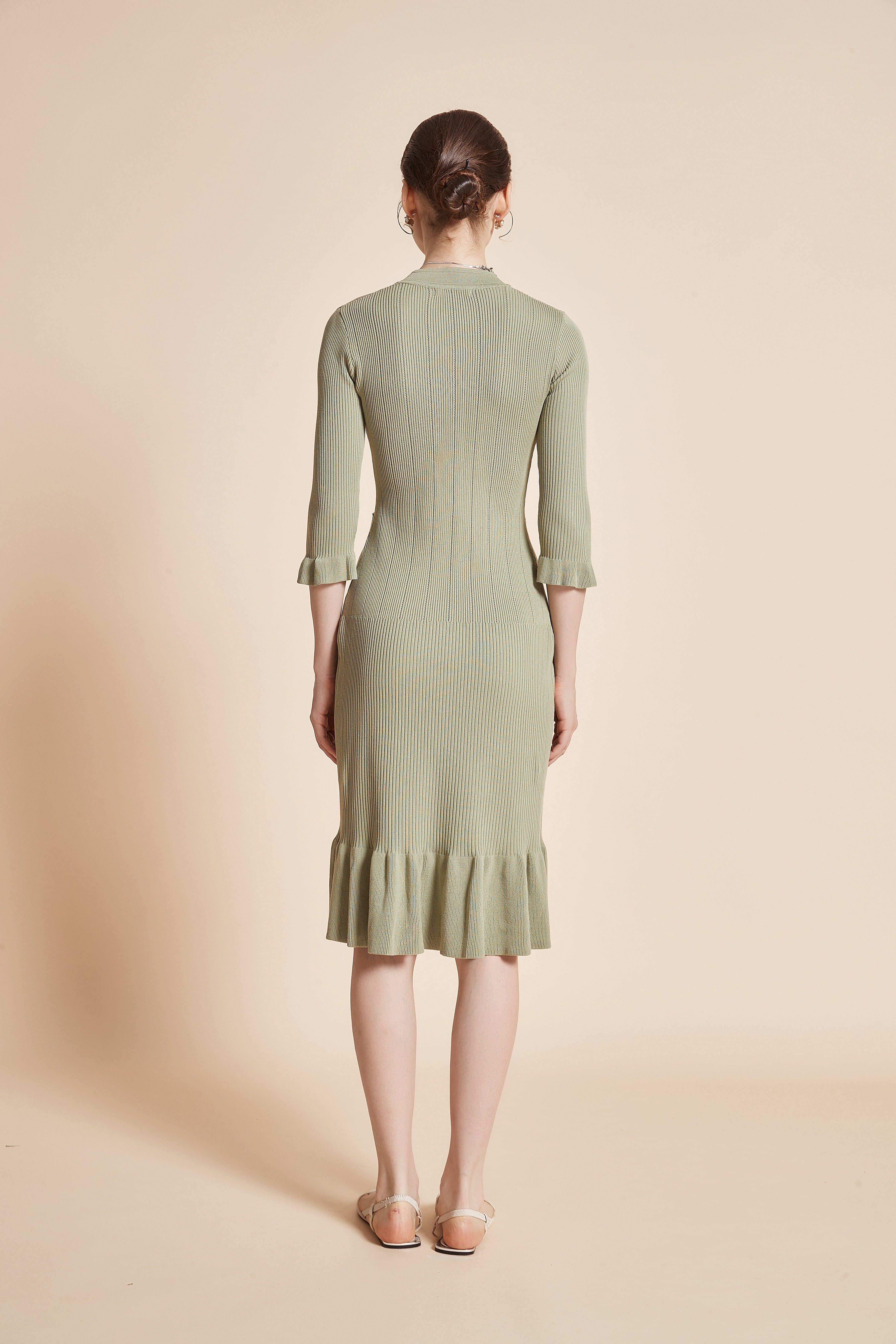 Midi Dress With 3/4 Sleeves, V-Neck, And Knee Ruffles