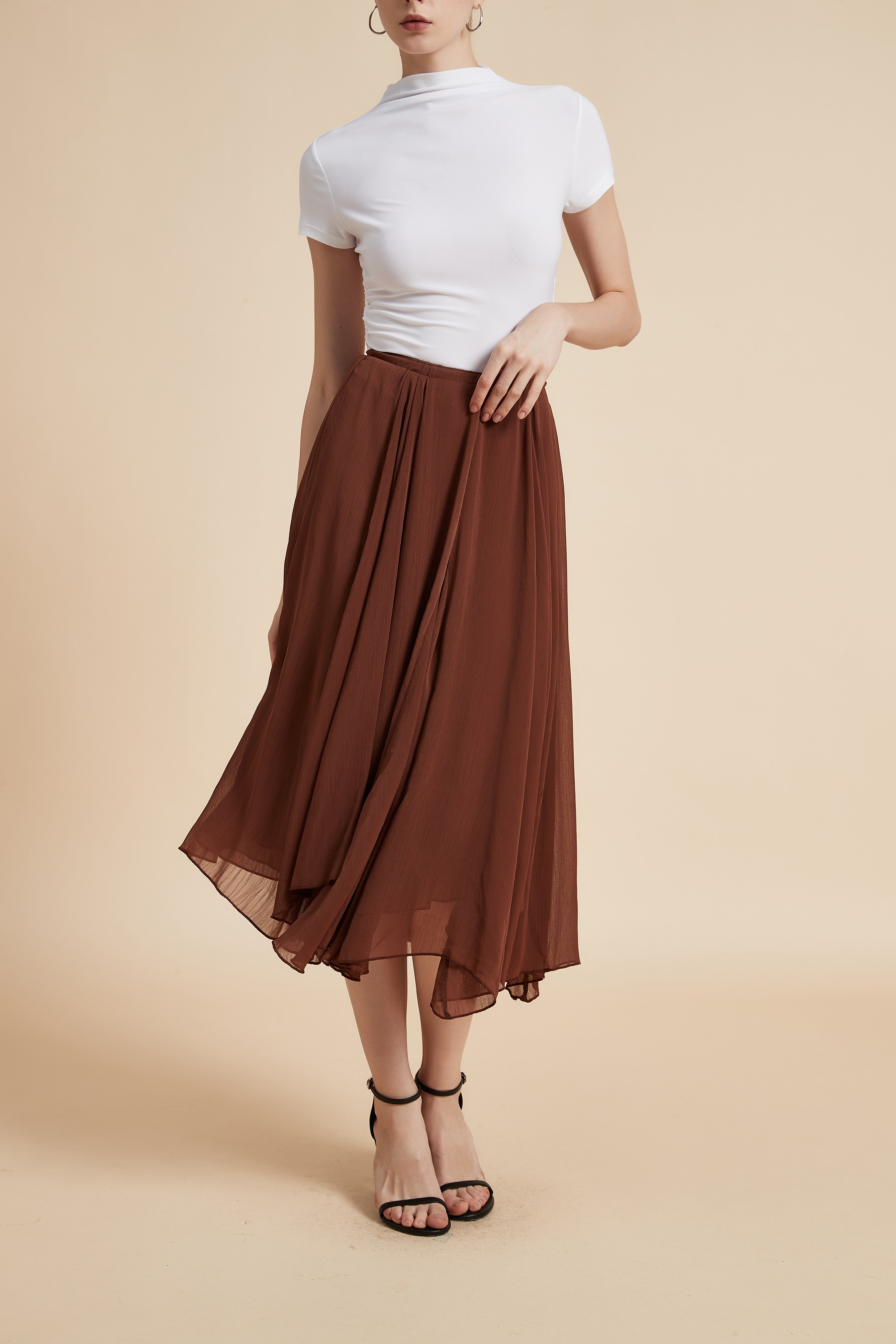 Ruffled Solid Midi Skirt