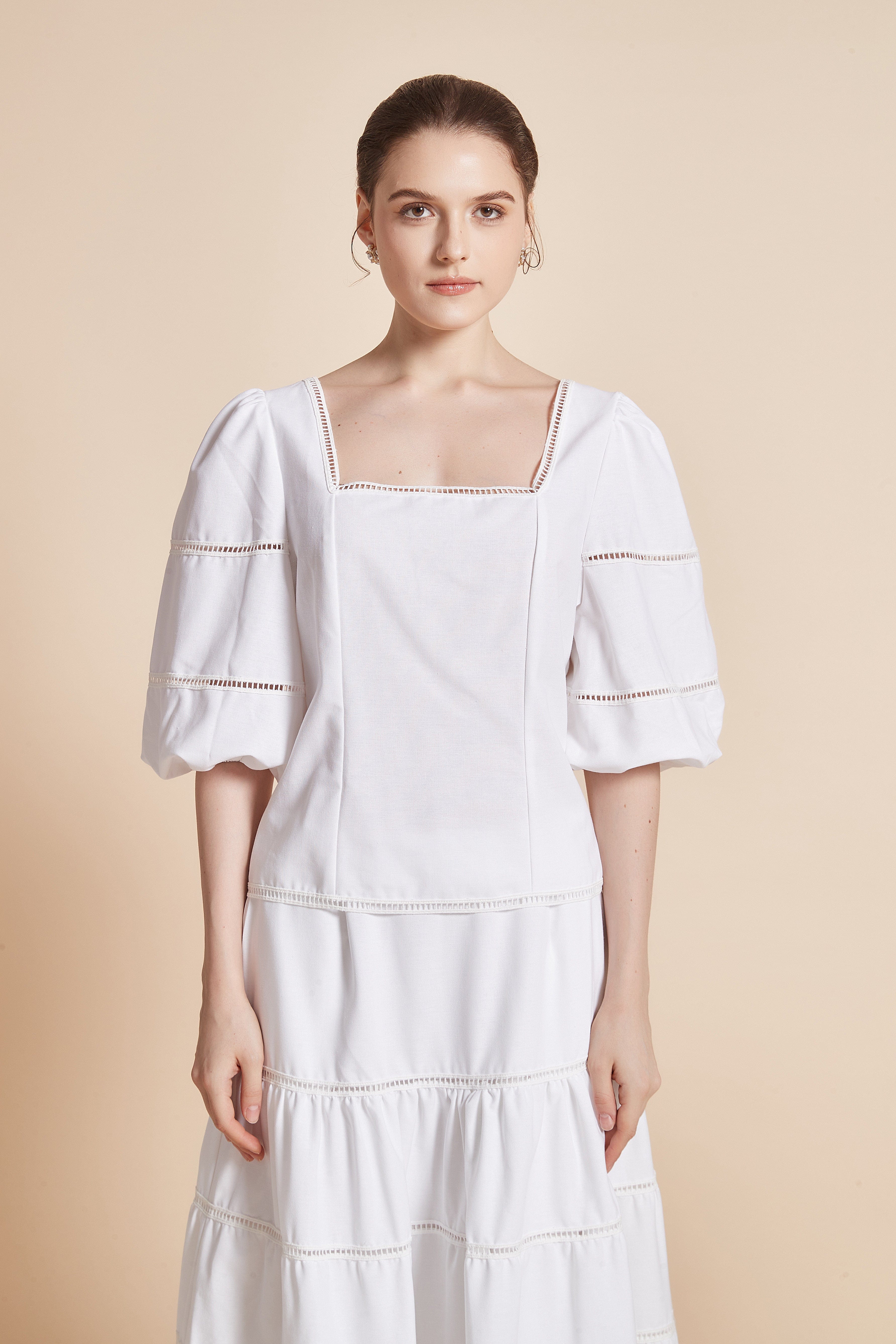 3/4 Sleeve Blouse With Square Neckline And Puff Sleeves