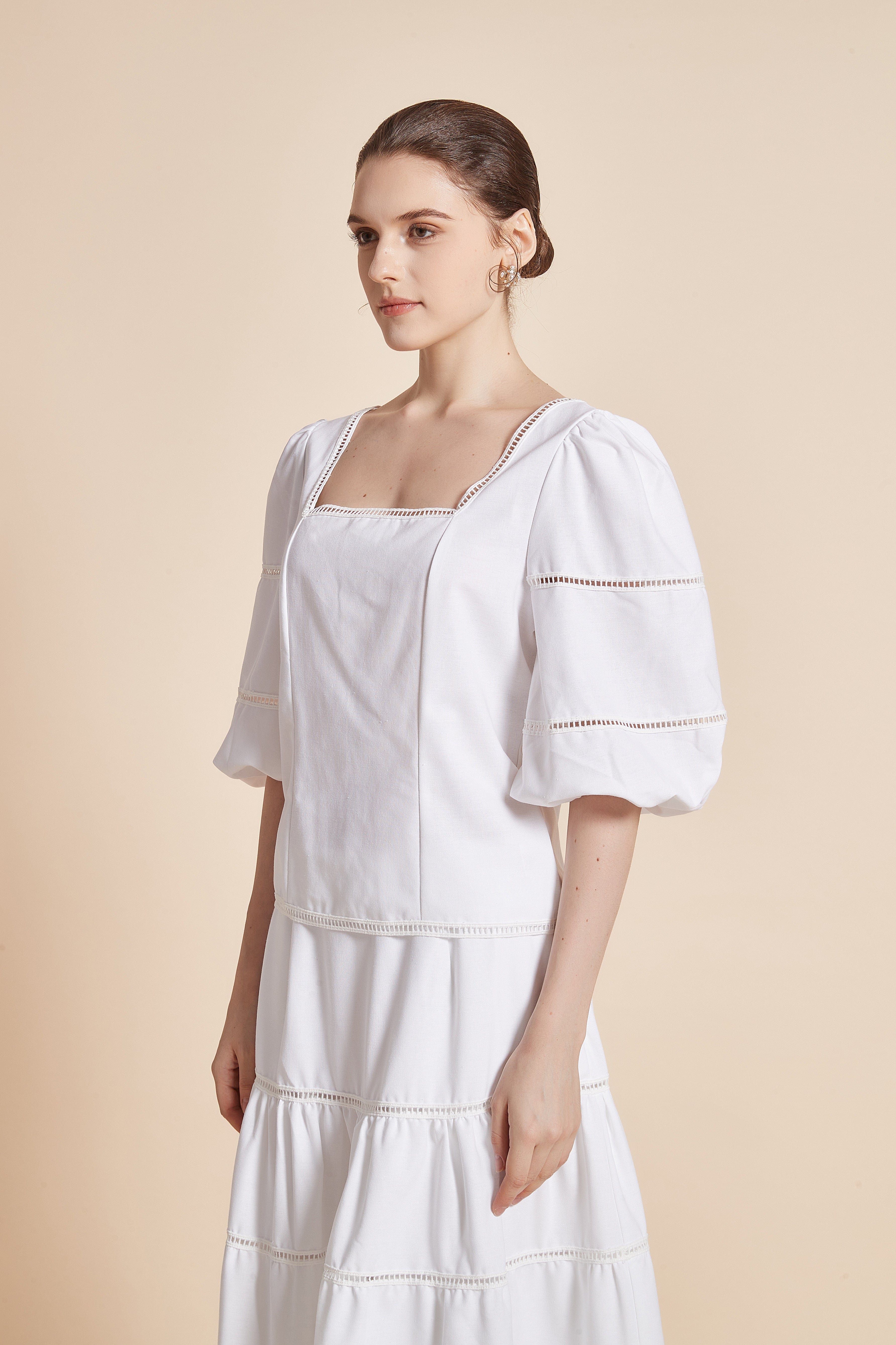 3/4 Sleeve Blouse With Square Neckline And Puff Sleeves