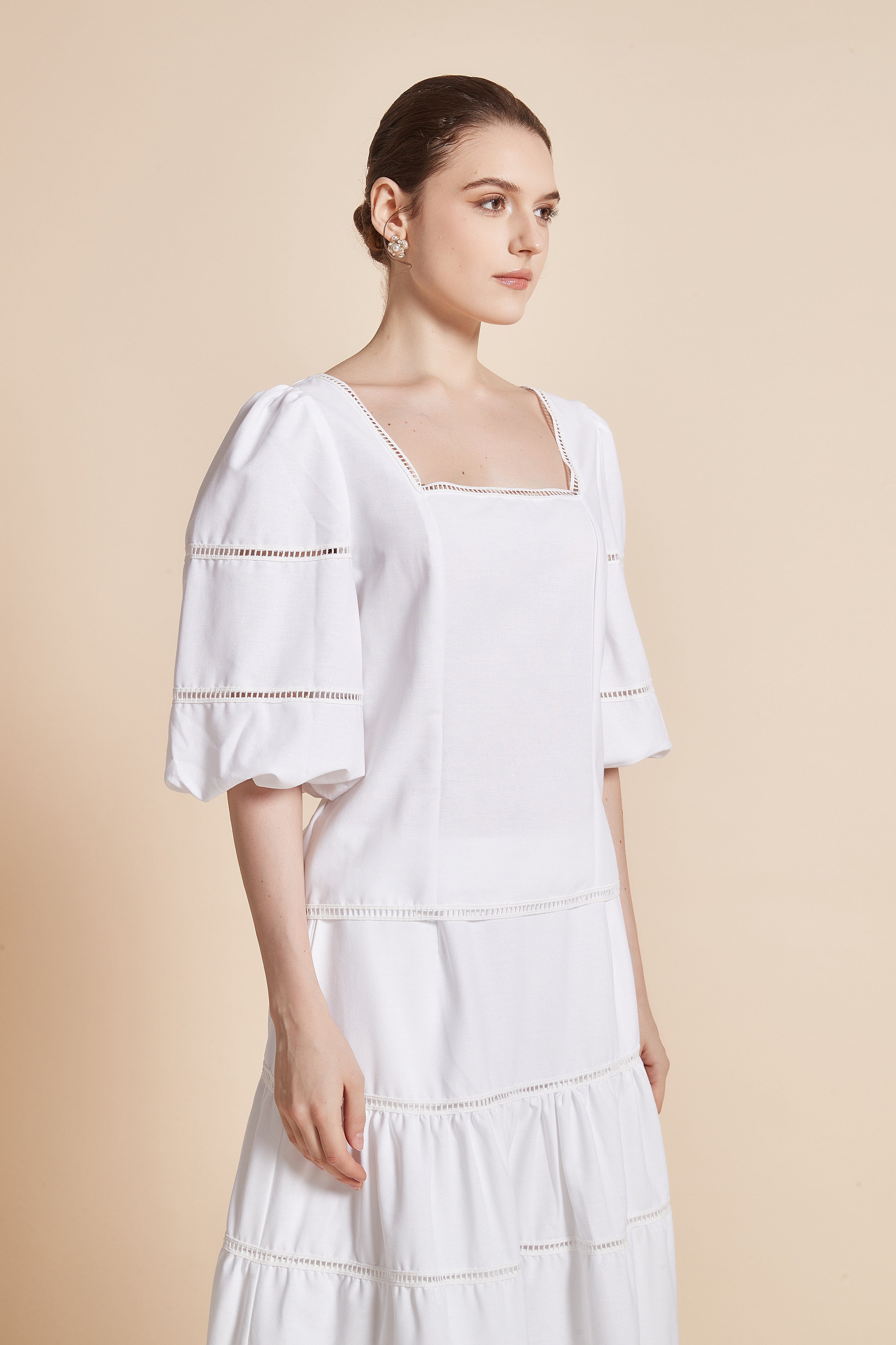3/4 Sleeve Blouse With Square Neckline And Puff Sleeves