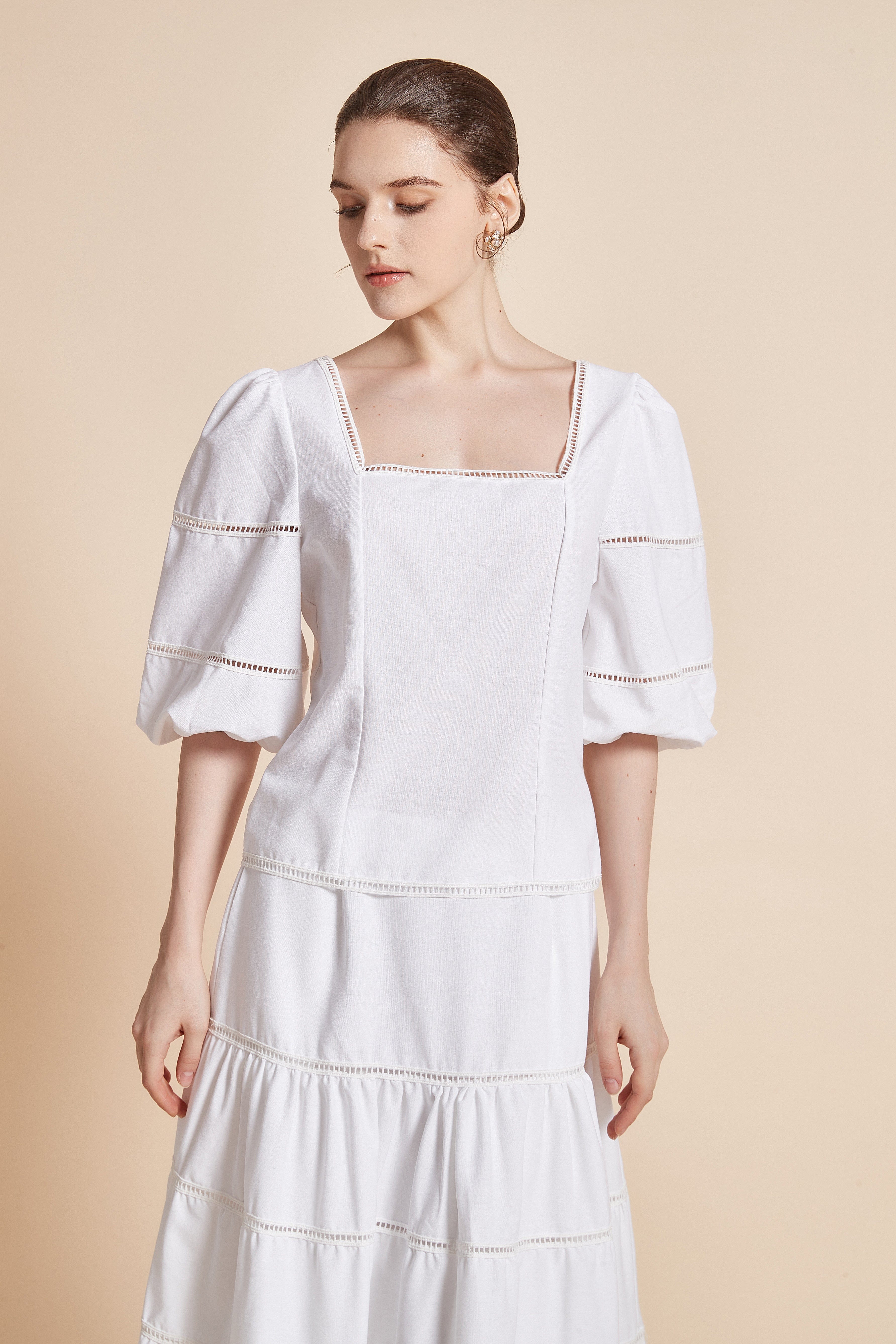 3/4 Sleeve Blouse With Square Neckline And Puff Sleeves