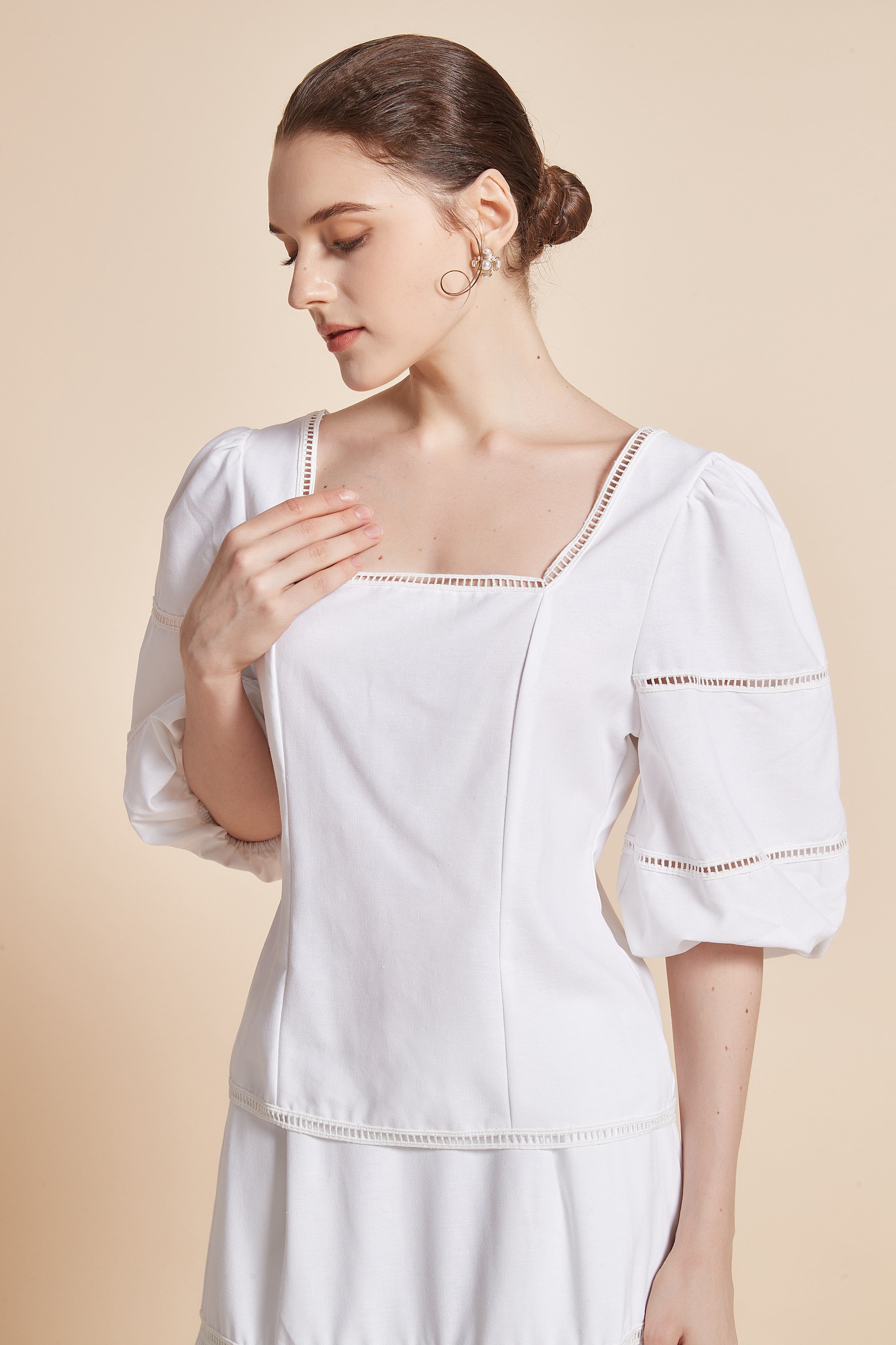 3/4 Sleeve Blouse With Square Neckline And Puff Sleeves