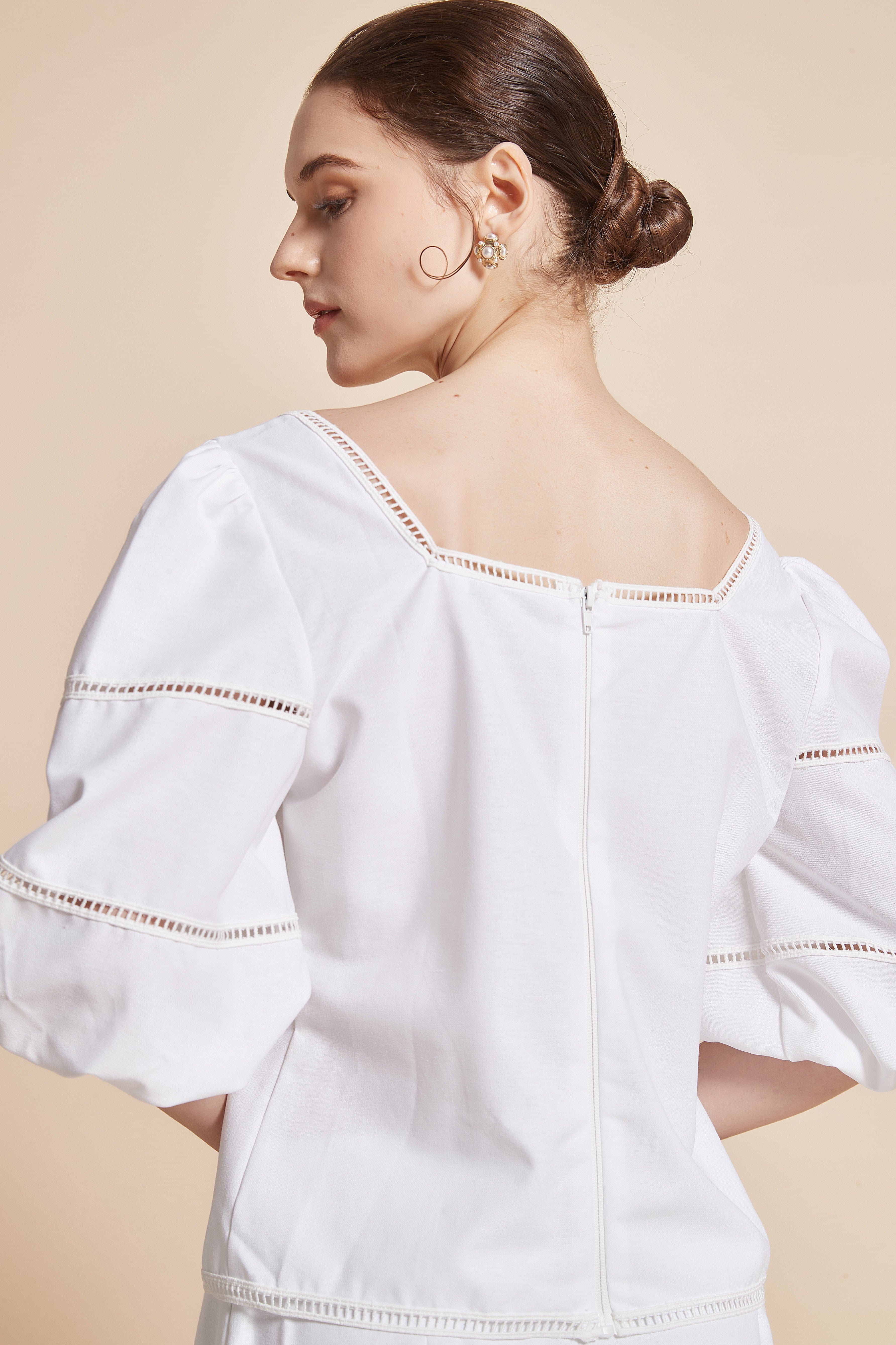 3/4 Sleeve Blouse With Square Neckline And Puff Sleeves