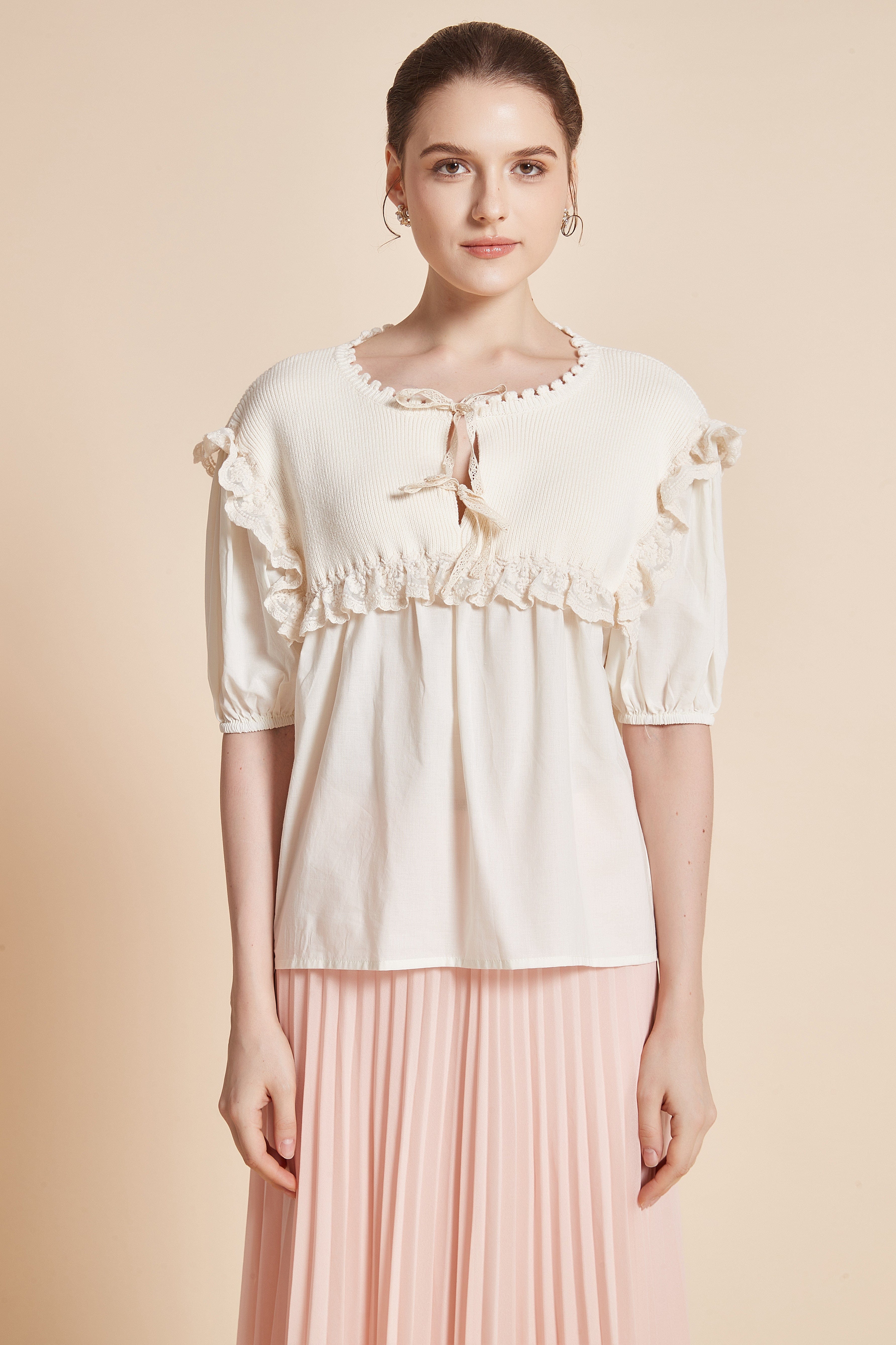 Half-Sleeve Blouse With Round Neck And Ruffles On Shoulders And Chest