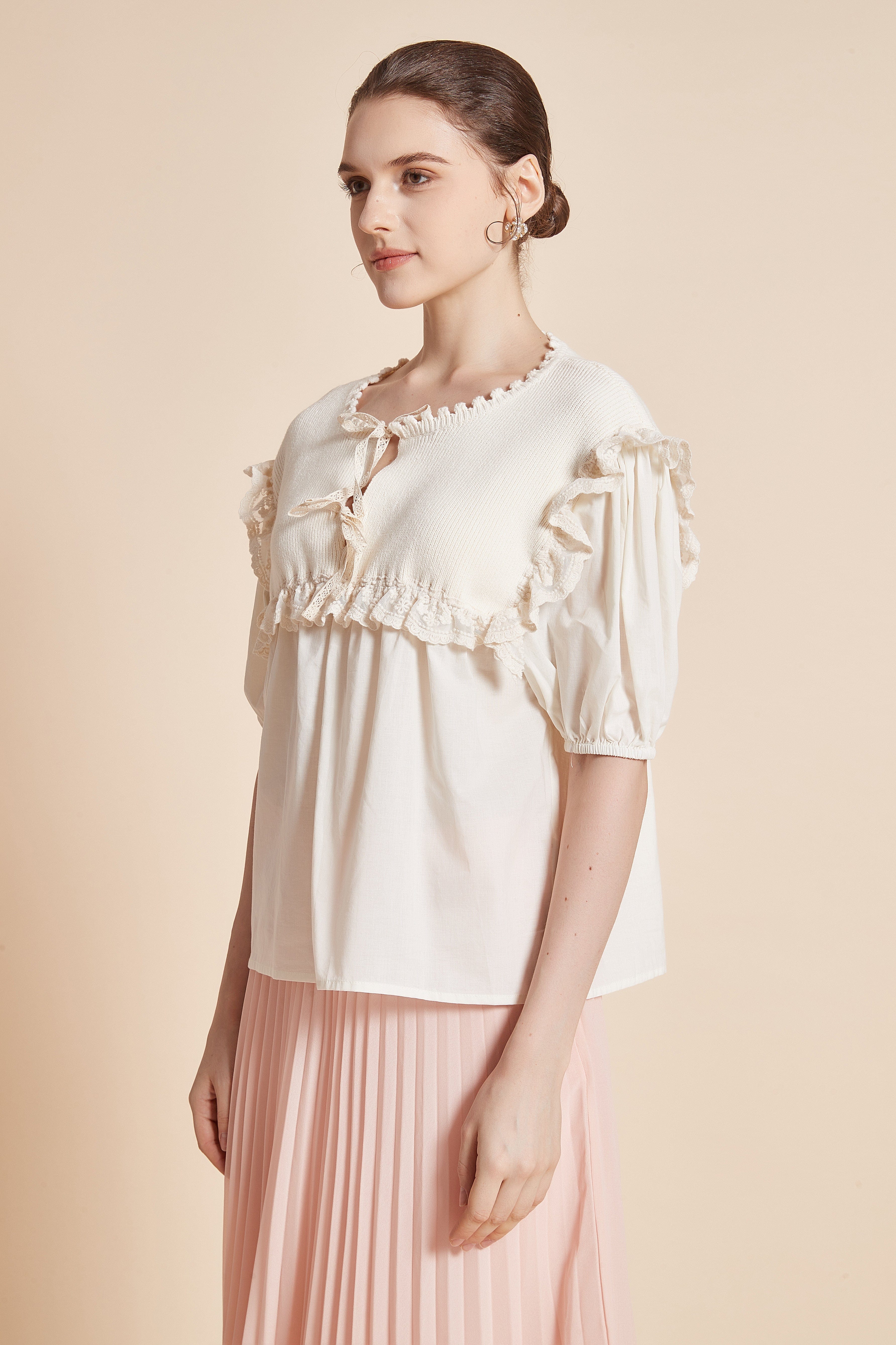 Half-Sleeve Blouse With Round Neck And Ruffles On Shoulders And Chest