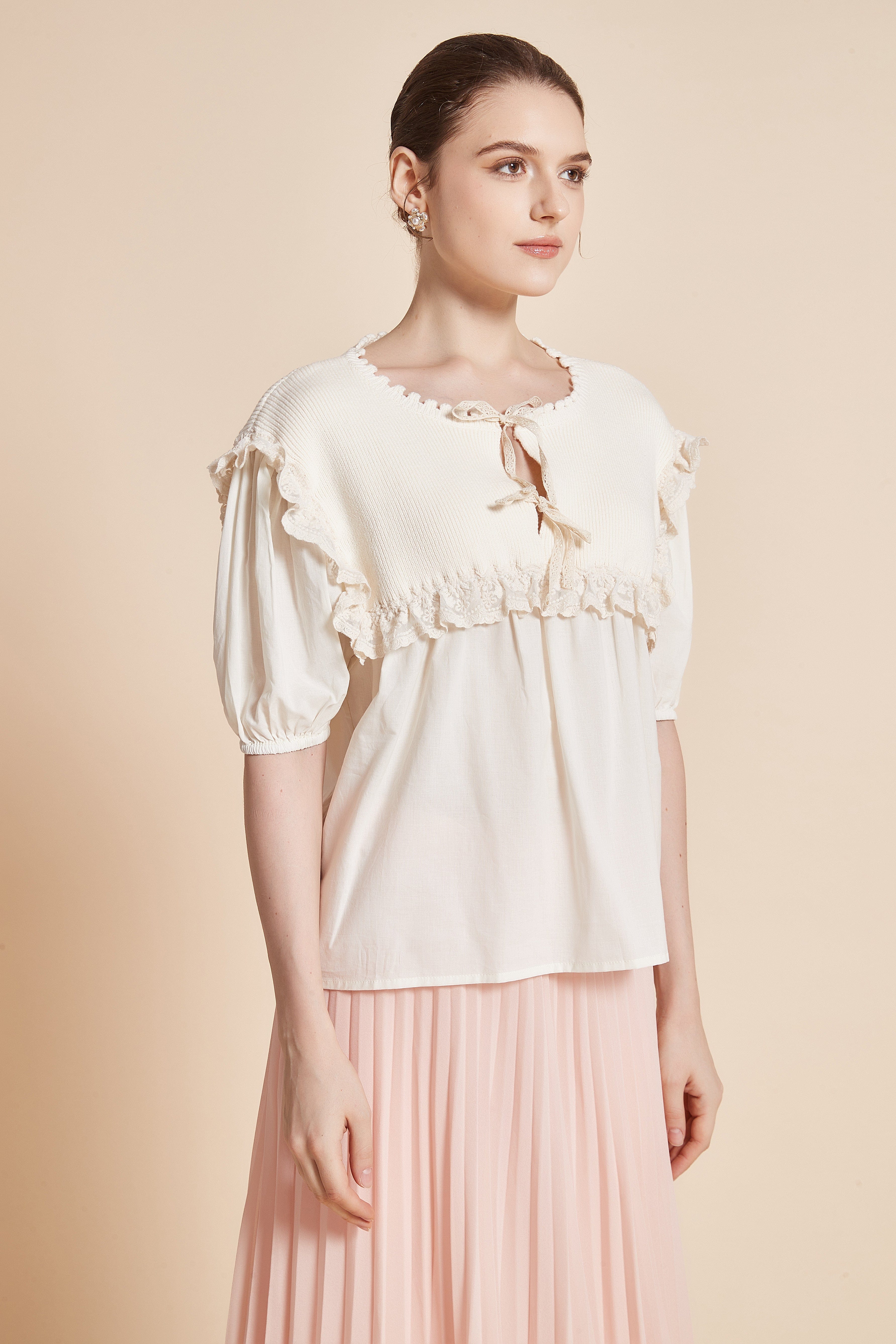 Half-Sleeve Blouse With Round Neck And Ruffles On Shoulders And Chest