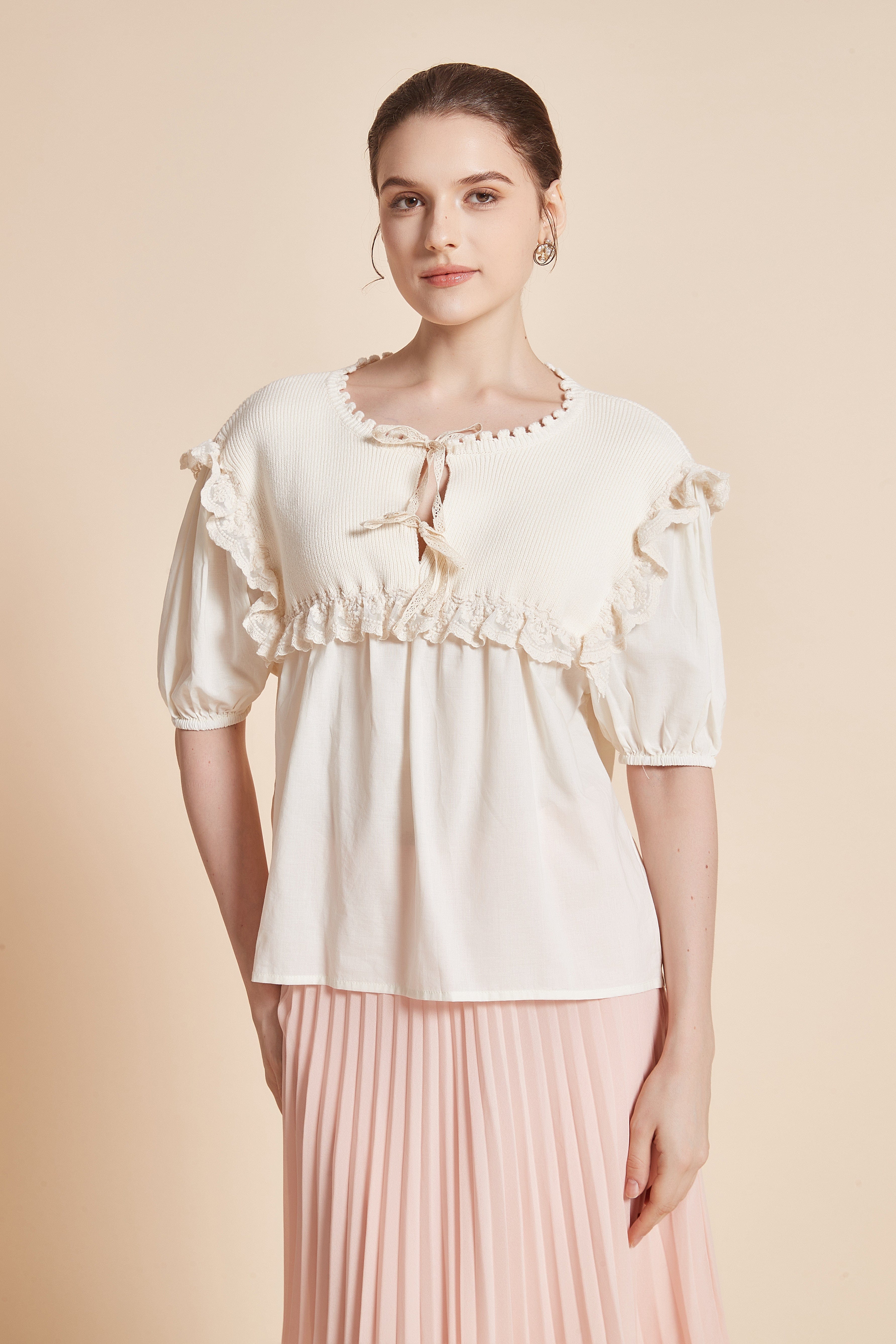 Half-Sleeve Blouse With Round Neck And Ruffles On Shoulders And Chest