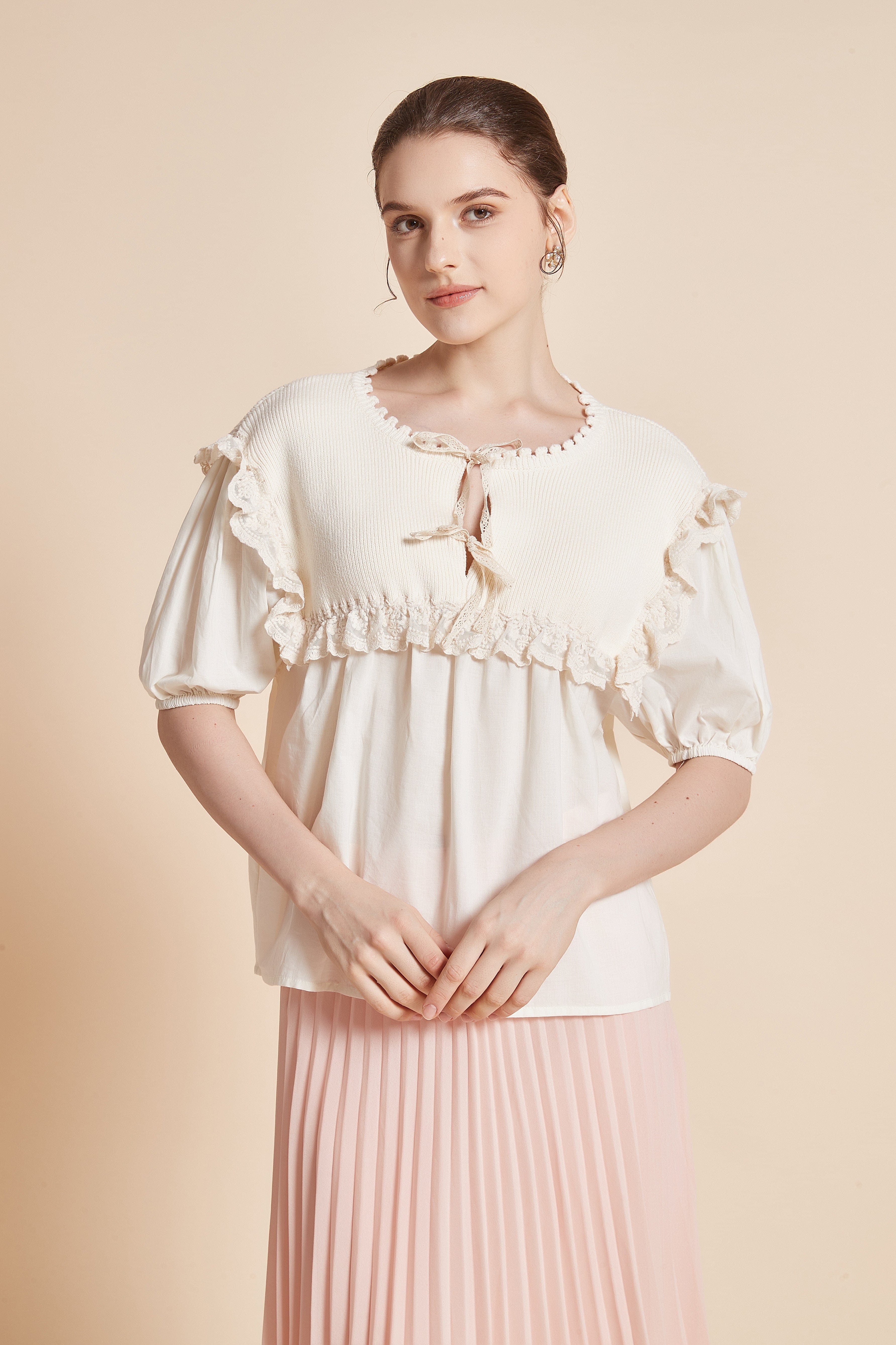 Half-Sleeve Blouse With Round Neck And Ruffles On Shoulders And Chest