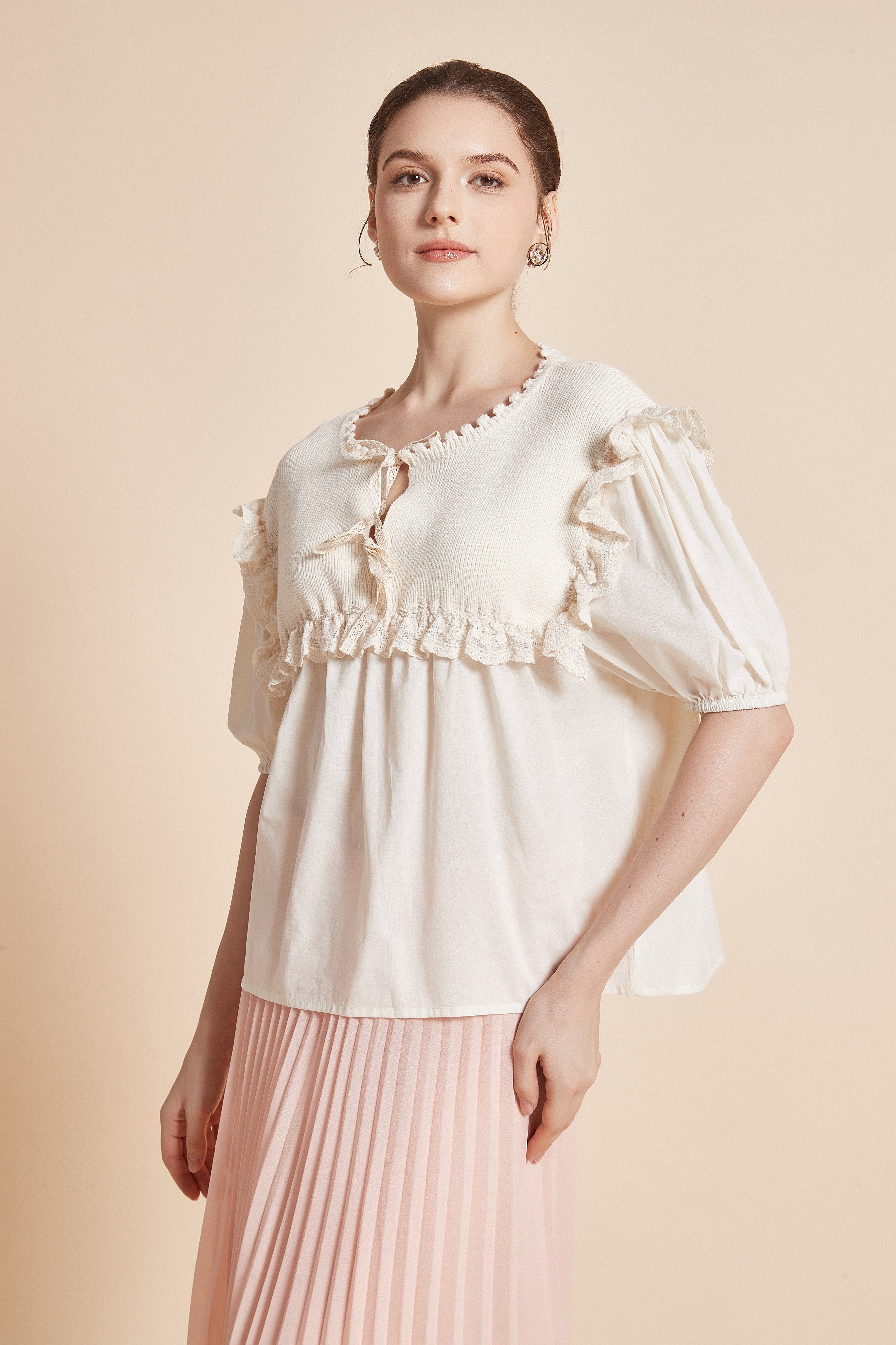 Half-Sleeve Blouse With Round Neck And Ruffles On Shoulders And Chest